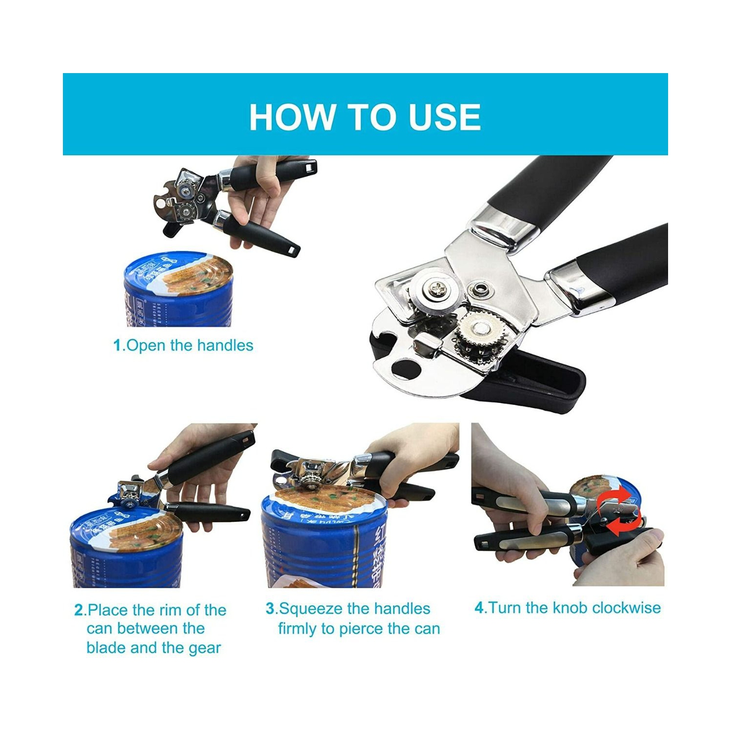 Can Opener Manual, Handheld Strong Heavy Duty Can Opener, Anti-slip Hand Grip, Stainless Steel Sharp Blade, Ergonomic and Easy to Use