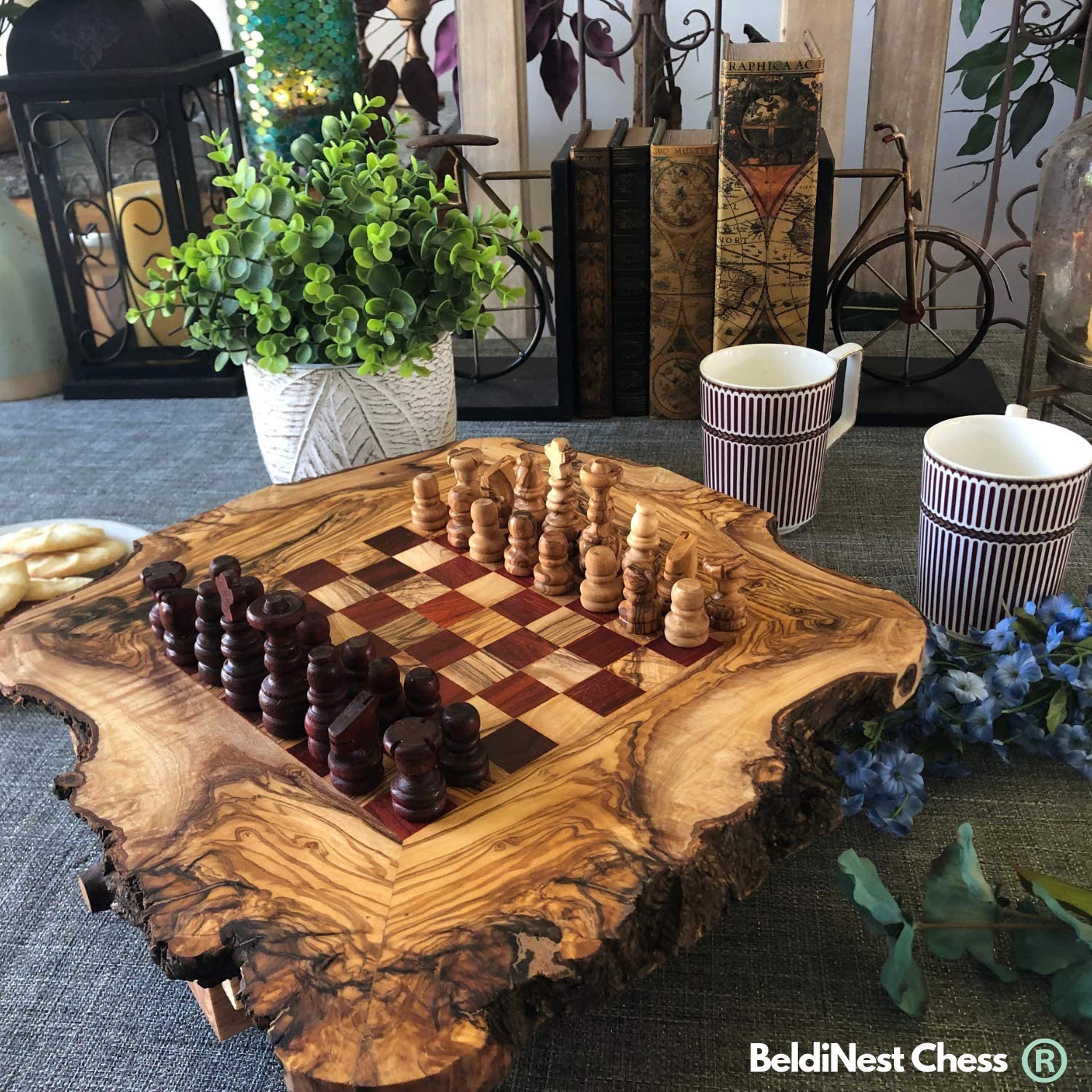 Beldinest Handmade Large Olive Wood Chess Board Set (Tunisia) 