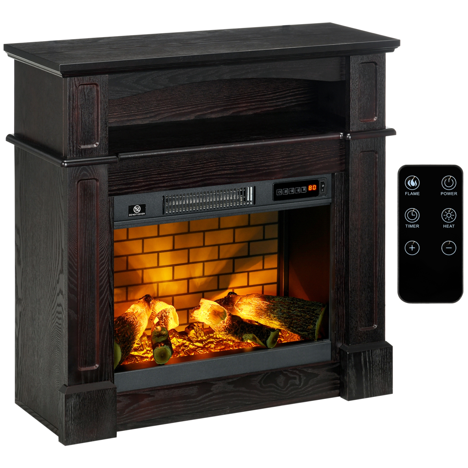 HOMCOM 32" Electric Fireplace Heater with Mantel, Freestanding Fireplace Stove with Log Hearth, Adjustable Realistic Flame and Remote Control, 700W/1400W, Brown
