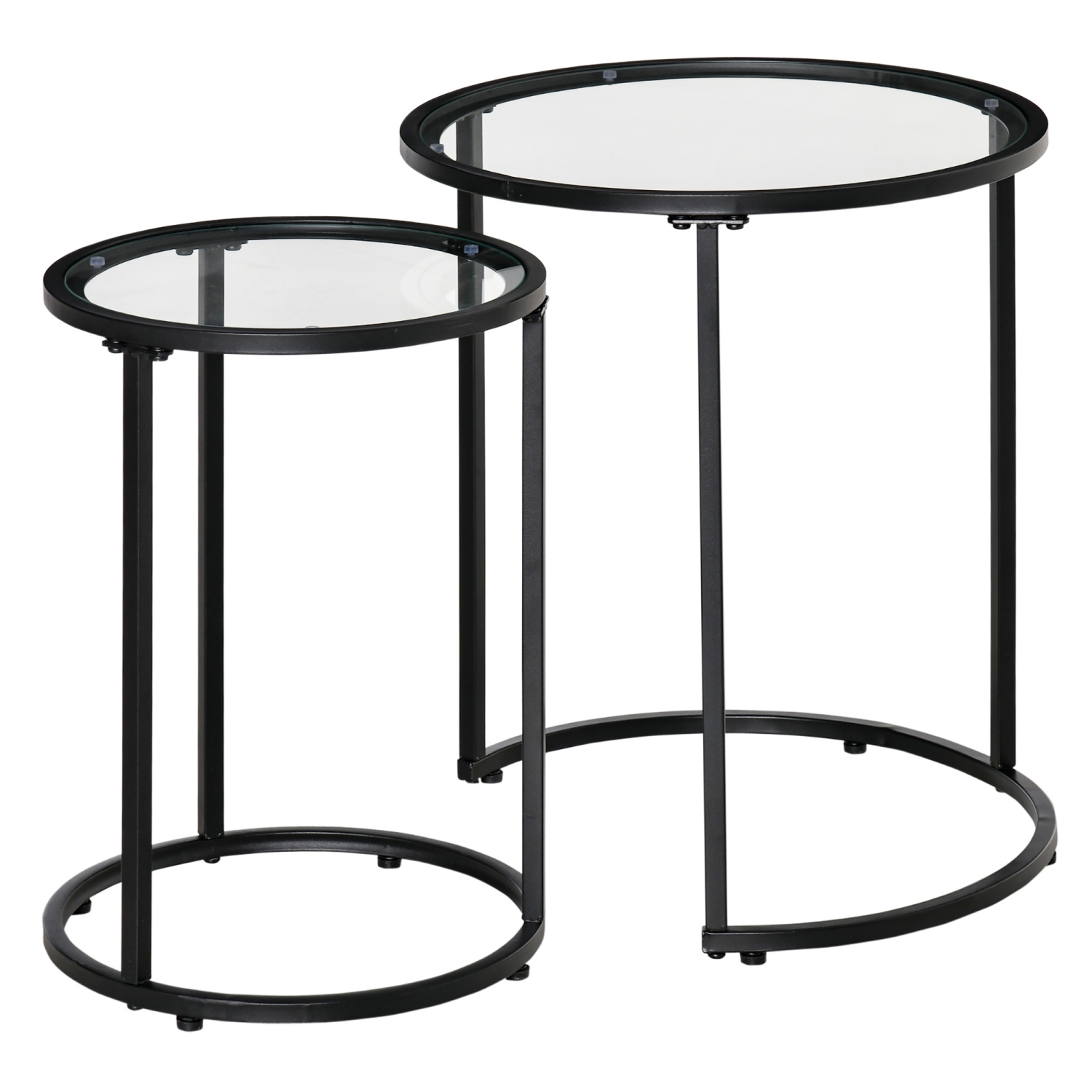 HOMCOM Set of 2 Nesting Coffee Tables with Metal Base, Round Side Table with Tempered Glass Tabletop for Living Room, Bedroom, Black