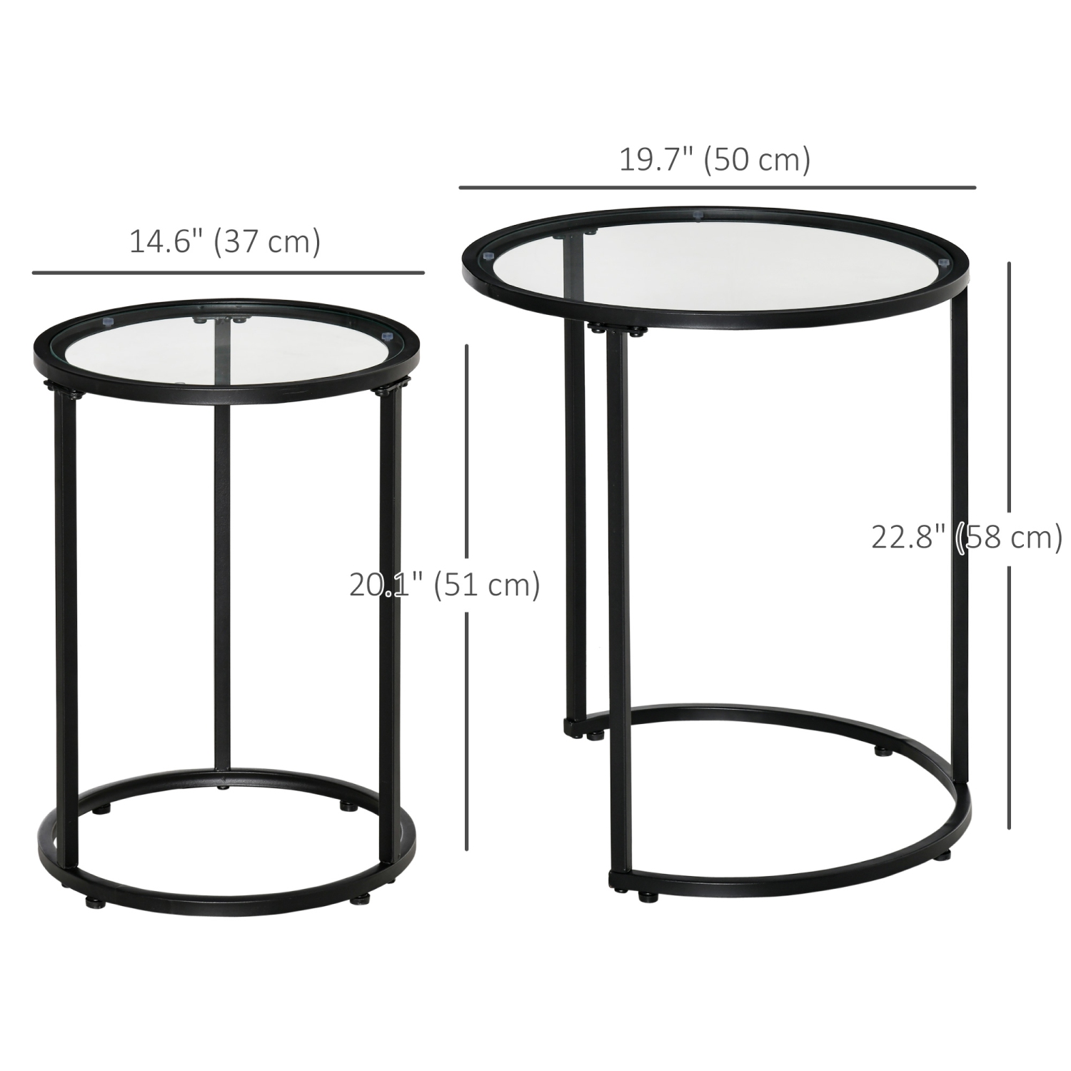 HOMCOM Set of 2 Nesting Coffee Tables with Metal Base, Round Side Table with Tempered Glass Tabletop for Living Room, Bedroom, Black