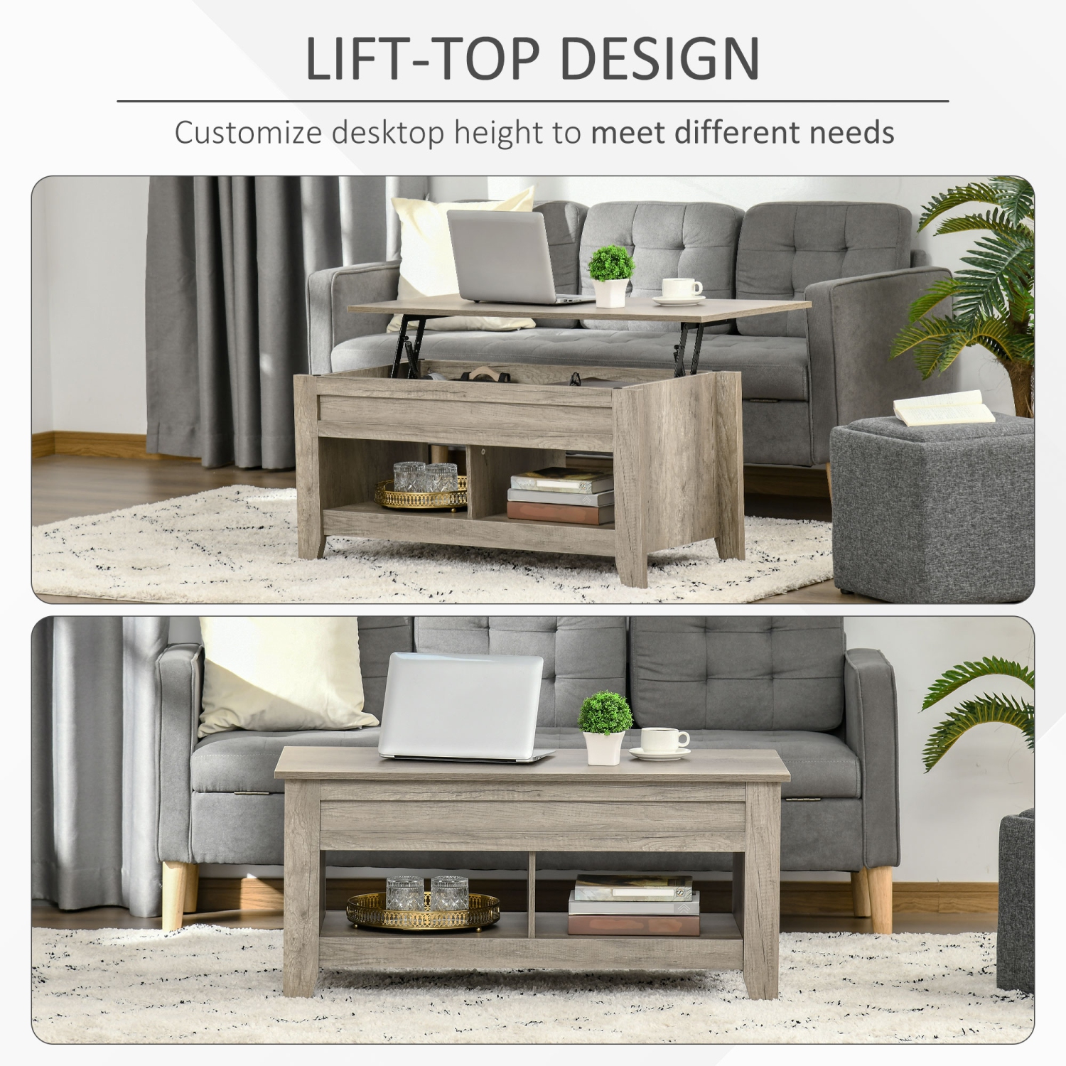 HOMCOM Lift Top Coffee Table with Hidden Storage Compartment and Open Shelves, Lift Tabletop Pop-Up Center Table for Living Room, Oak Effect