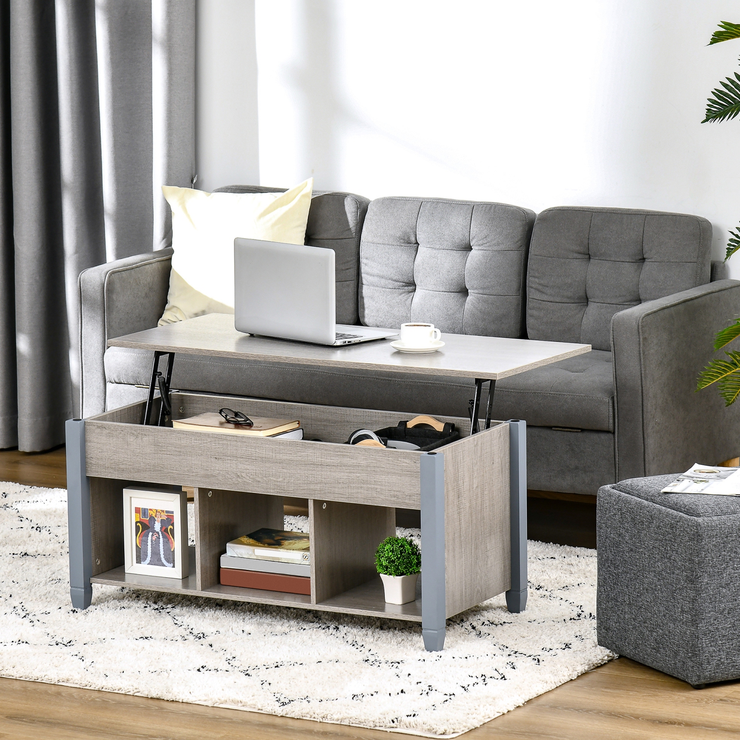 HOMCOM Lift Top Coffee Table, Modern Center Table with Storage Shelves and Hidden Compartment for Living Room, Home Office, 41" L, Grey