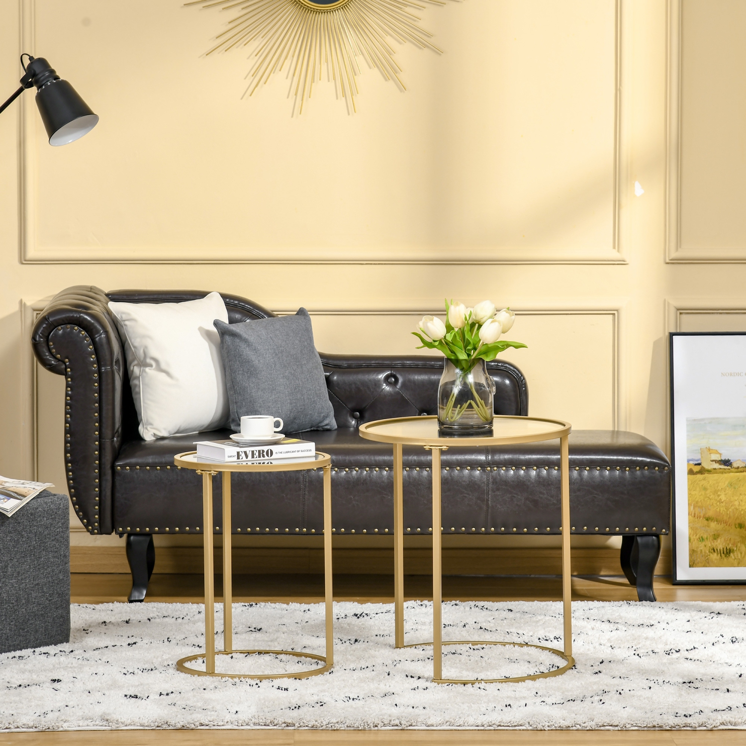 Homcom Lot de 2 tables basses gigognes avec base en métal, table d'appoint ronde avec plateau en verre trempé pour salon, chambre, doré