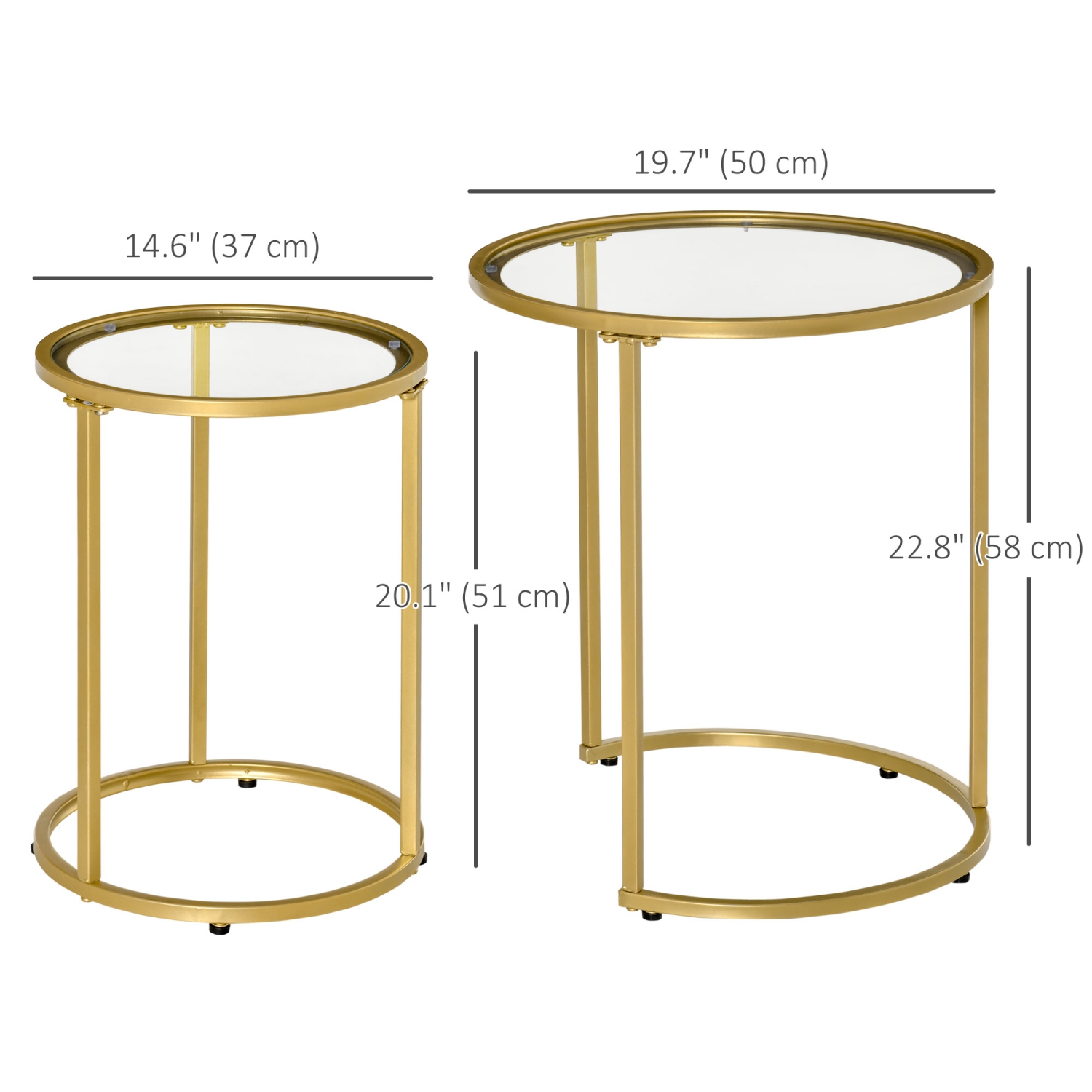 Homcom Lot de 2 tables basses gigognes avec base en métal, table d'appoint ronde avec plateau en verre trempé pour salon, chambre, doré