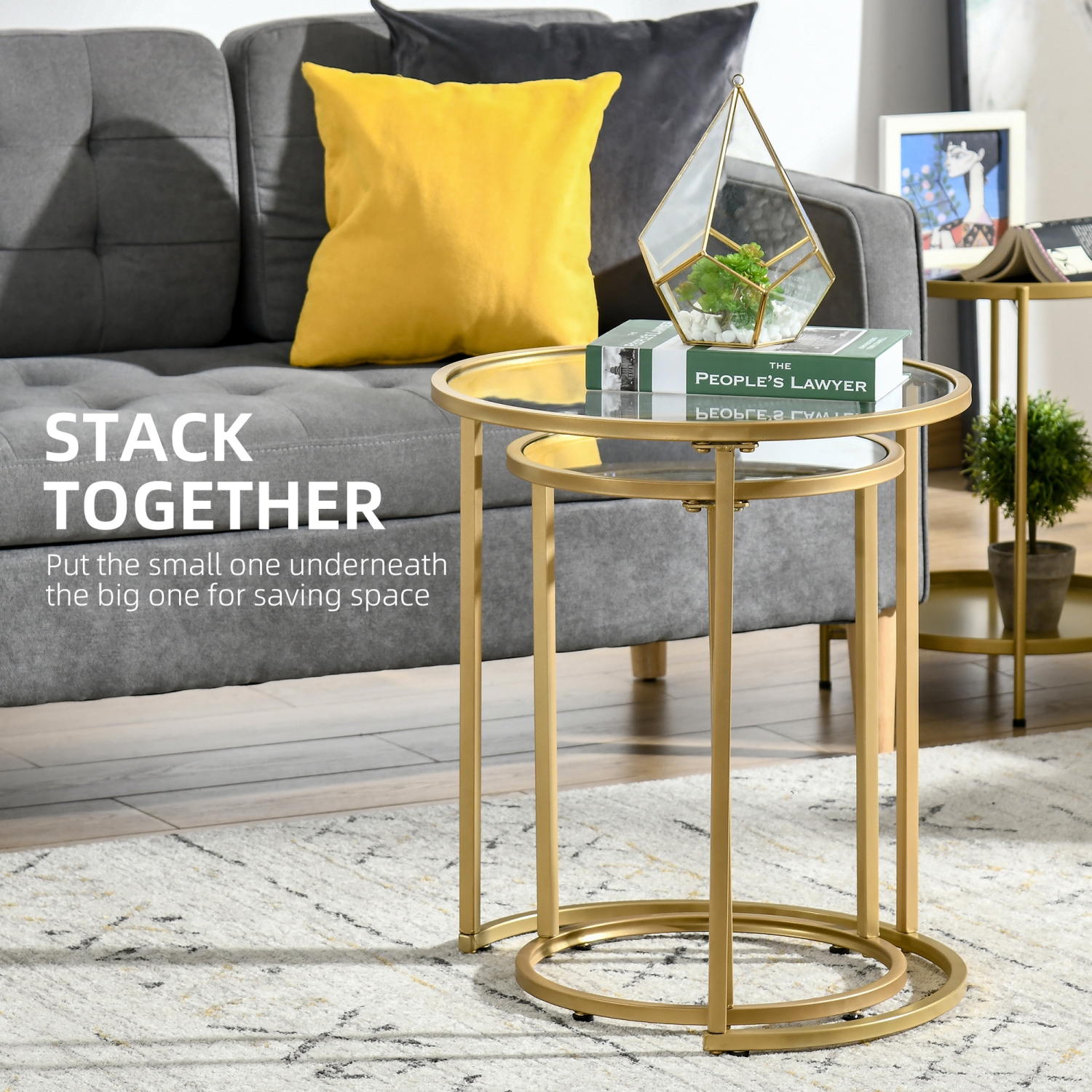 Homcom Lot de 2 tables basses gigognes avec base en métal, table d'appoint ronde avec plateau en verre trempé pour salon, chambre, doré