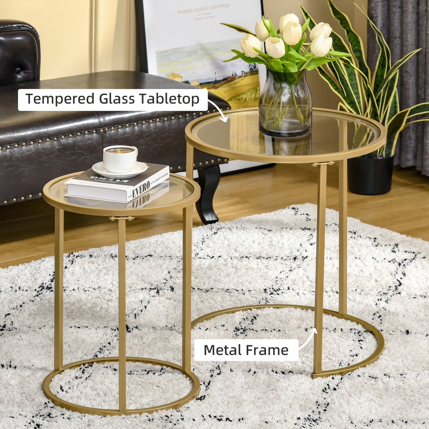 Homcom Lot de 2 tables basses gigognes avec base en métal, table d'appoint ronde avec plateau en verre trempé pour salon, chambre, doré