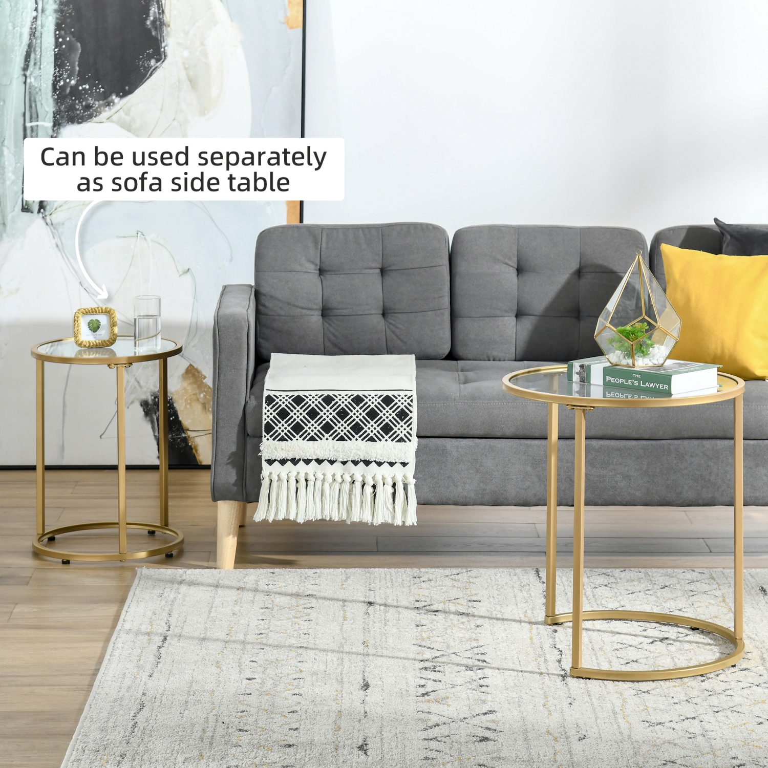 Homcom Lot de 2 tables basses gigognes avec base en métal, table d'appoint ronde avec plateau en verre trempé pour salon, chambre, doré