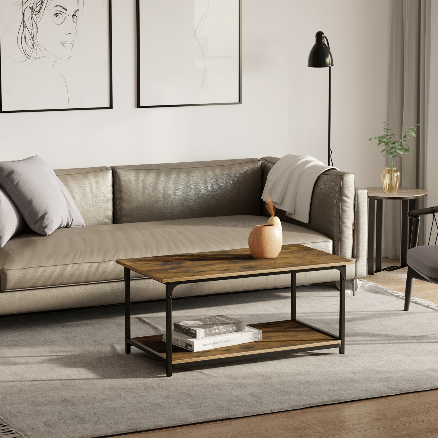 HOMCOM Industrial Coffee Table, 2-tier Center Table with Storage Shelf, Wood Look Accent Furniture with Metal Frame for Living Room, 39.4" x 21.3" x