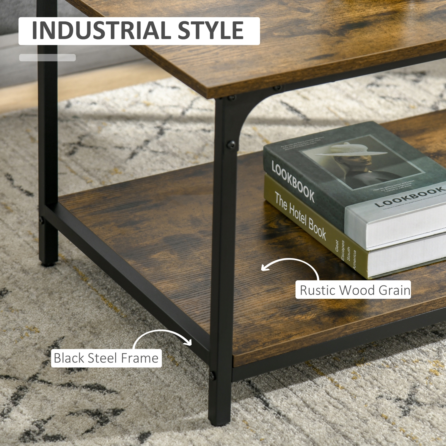 HOMCOM Industrial Coffee Table, 2-tier Center Table with Storage Shelf, Wood Look Accent Furniture with Metal Frame for Living Room, 39.4" x 21.3" x