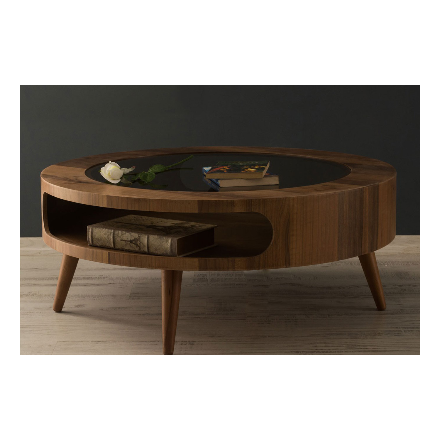 Table basse ronde avec tablettes hautes en bois et en verre Moon - Noyer foncé, 33 po