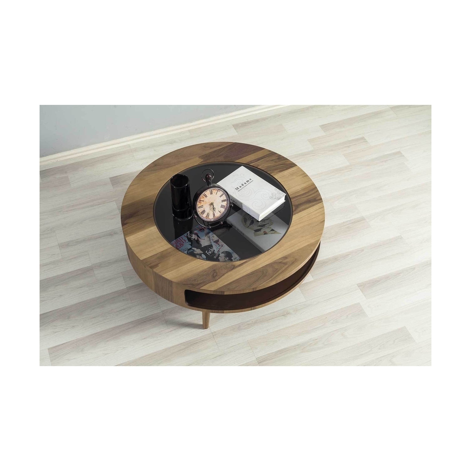 Table basse ronde avec tablettes hautes en bois et en verre Moon - Noyer foncé, 29 po