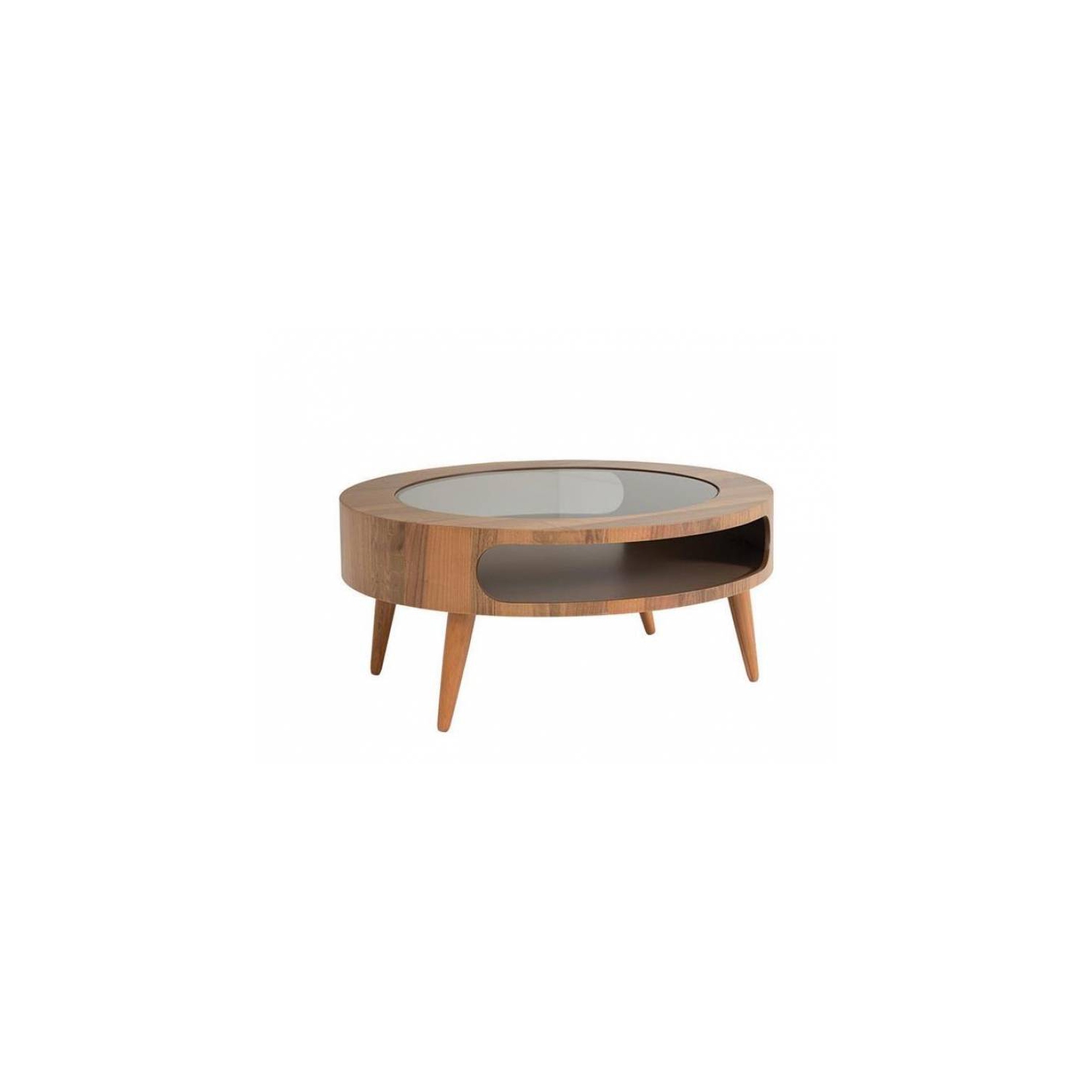 Table basse ronde avec tablettes hautes en bois et en verre Moon - Noyer foncé, 29 po
