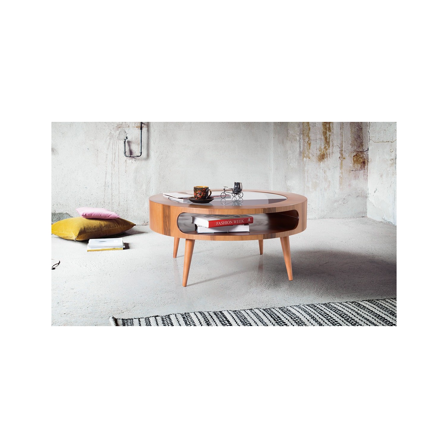 Table basse ronde avec tablettes hautes en bois et en verre Moon - Noyer foncé, 29 po