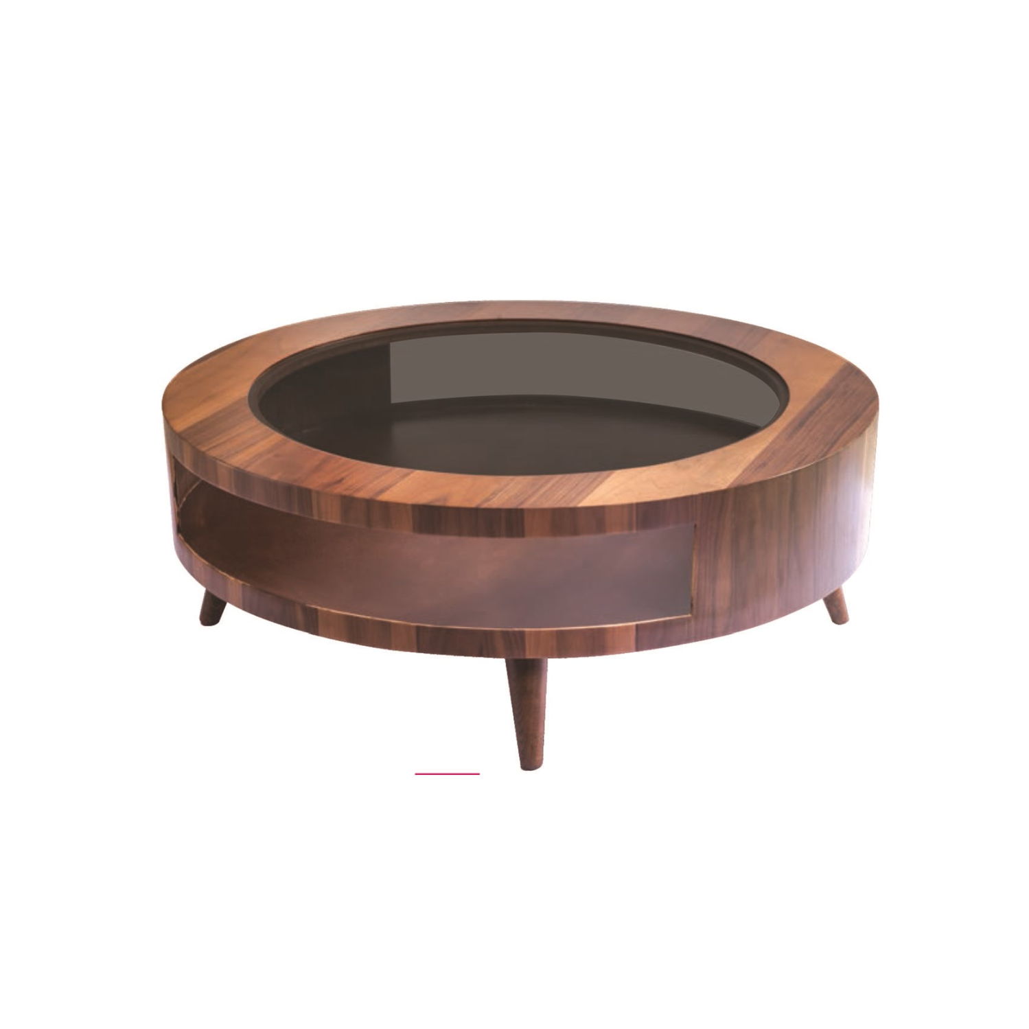 Table basse ronde avec tablettes hautes en bois et en verre Moon - Noyer foncé, 29 po
