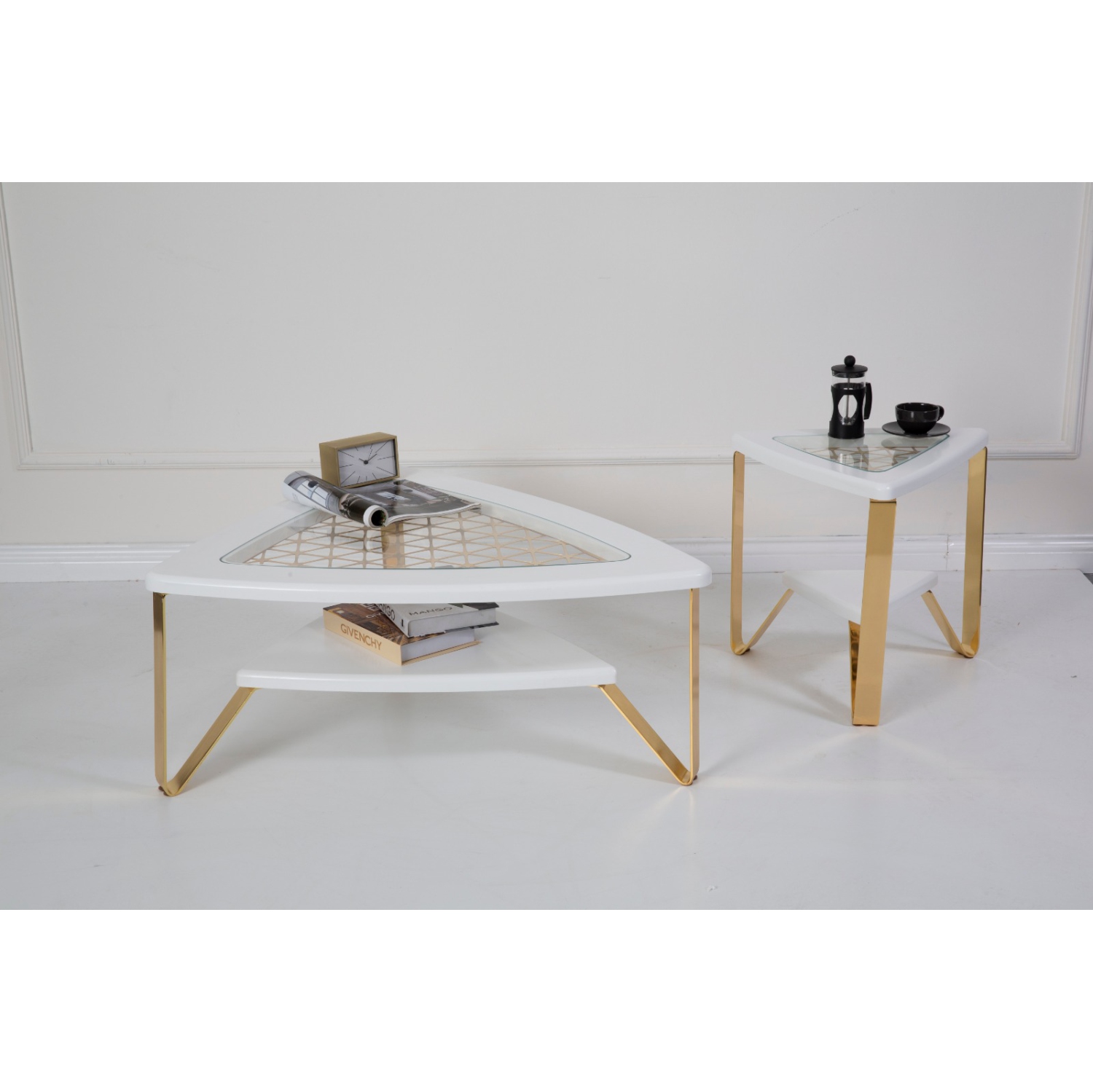 Set Tripod Shelf Coffee Table White 37" & Side Table 20"