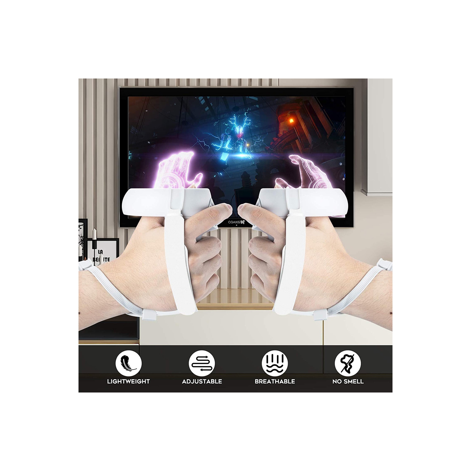 1 Pair Adjustable Hand Grip Strips Accessories for Oculus Quest 2 VR Gaming Headset Controller Handle Dropping Prevention White - axGear