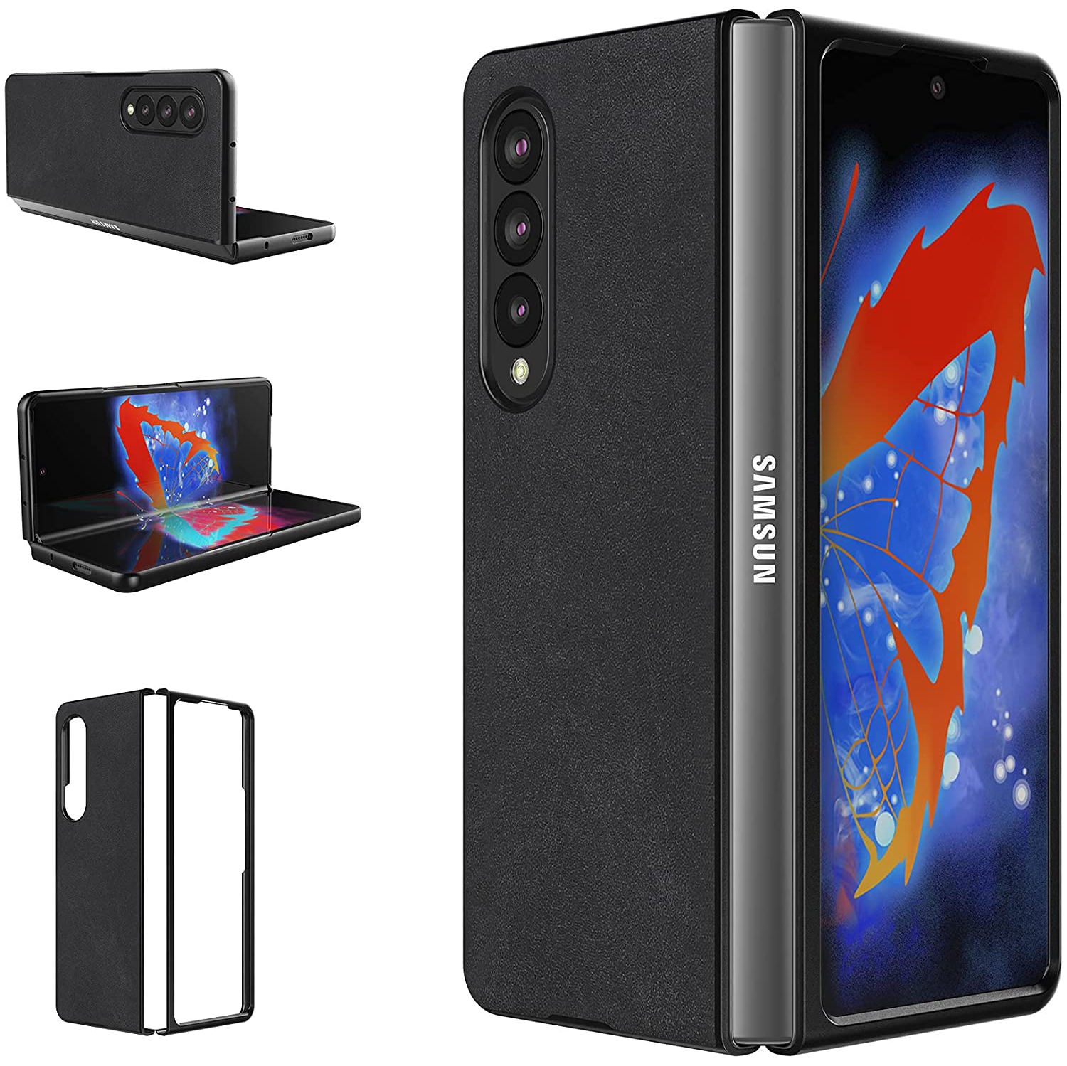 【CSmart】 Slim Fitted Shockproof Hard PC Shell Leather Flip Case Cover for Samsung Galaxy Z Fold 3 5G, Black