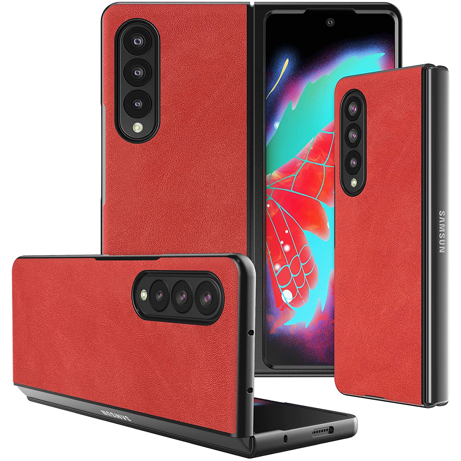 【CSmart】 Slim Fitted Shockproof Hard PC Shell Leather Flip Case Cover for Samsung Galaxy Z Fold 3 5G, Red