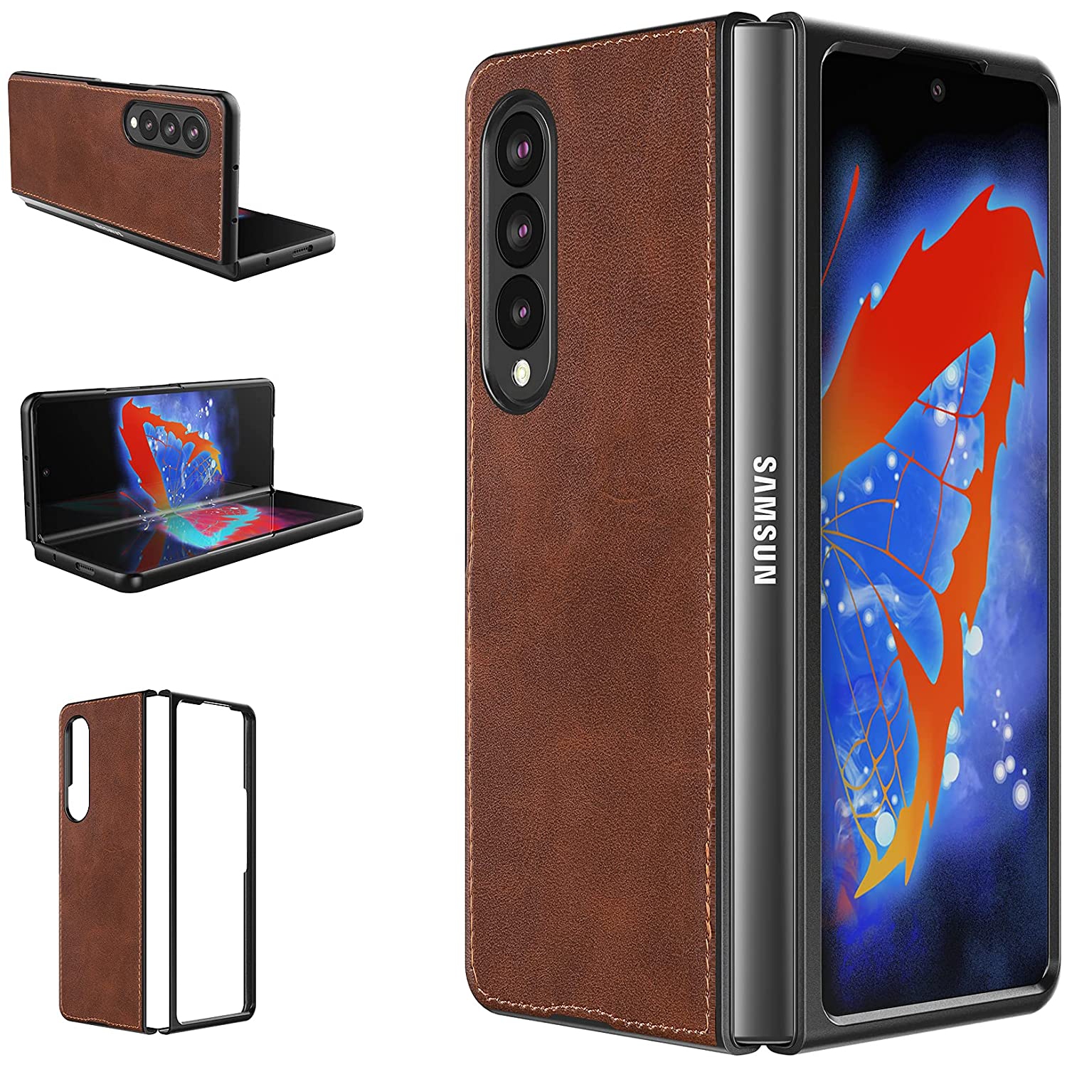 【CSmart】 Slim Fitted Shockproof Hard PC Shell Leather Flip Case Cover for Samsung Galaxy Z Fold 3 5G, Brown