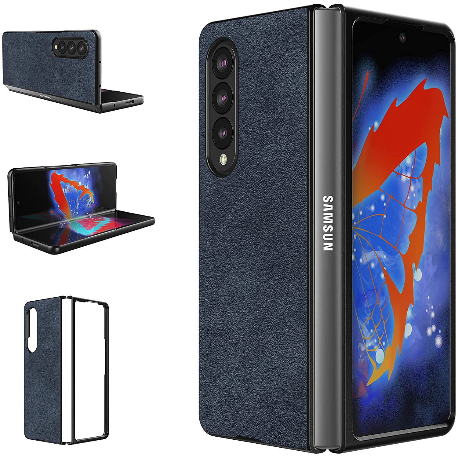 【CSmart】 Slim Fitted Shockproof Hard PC Shell Leather Flip Case Cover for Samsung Galaxy Z Fold 3 5G, Navy