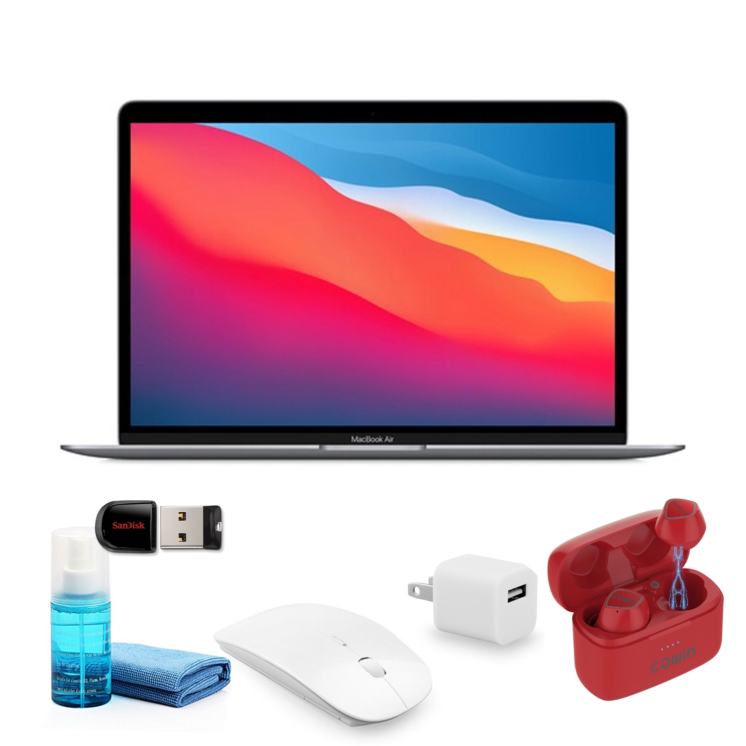 Apple MacBook Air M1 13 Inch Silver MGN93LL/A - with Red Earbuds