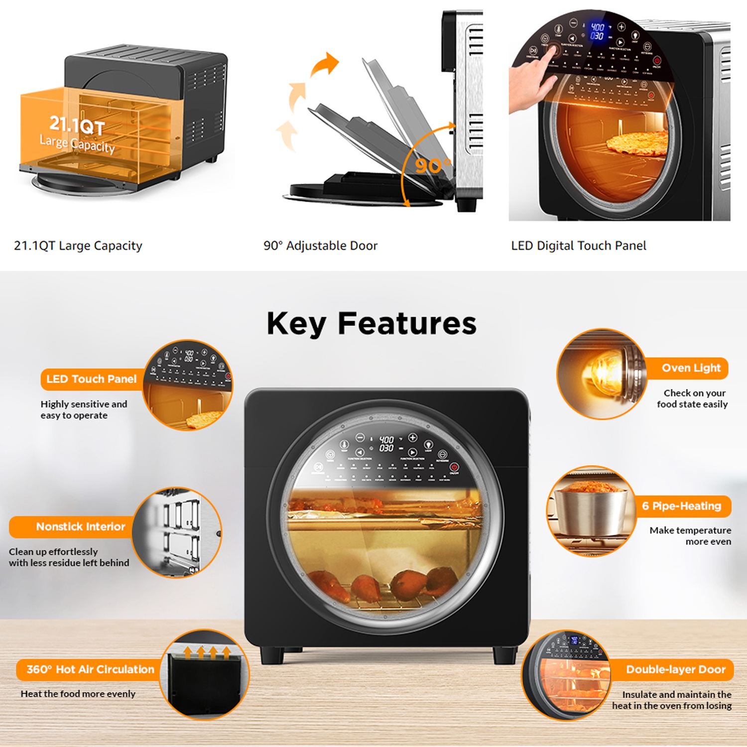 Calmdo 20QT Air Fryer Toaster Oven,18 in 1 Toaster Oven Air Fryer Combo, Convection Toaster Oven Countertop with Rotisserie & Dehydrator, Digital