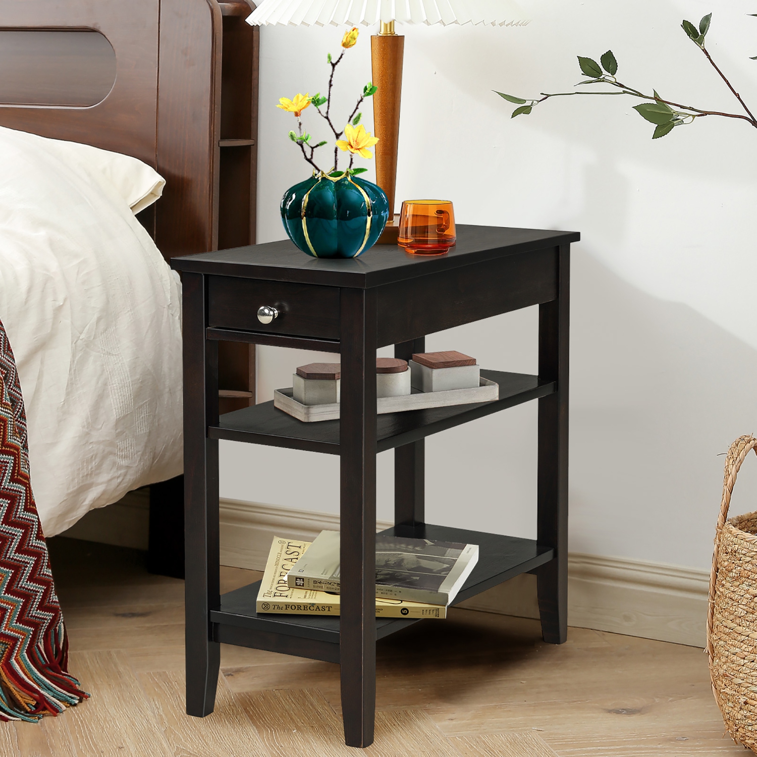 Costway 3-Tier Side End Table with Drawer Double Shelf Narrow Nightstand