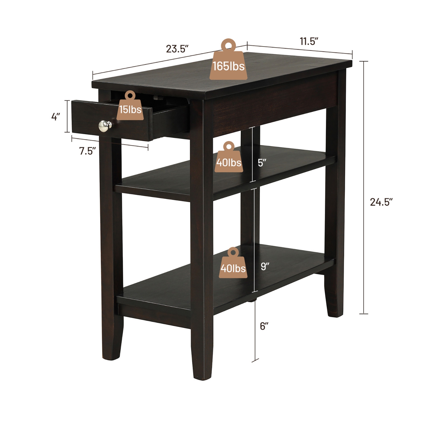 Costway 3-Tier Side End Table with Drawer Double Shelf Narrow Nightstand