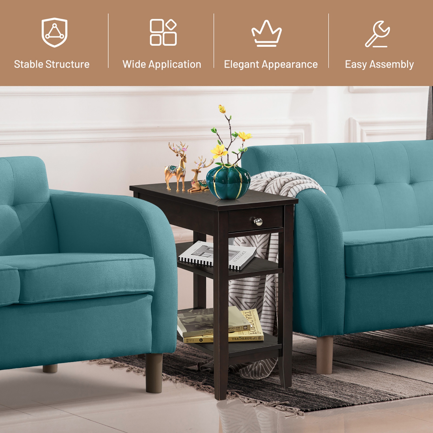 Costway 3-Tier Side End Table with Drawer Double Shelf Narrow Nightstand