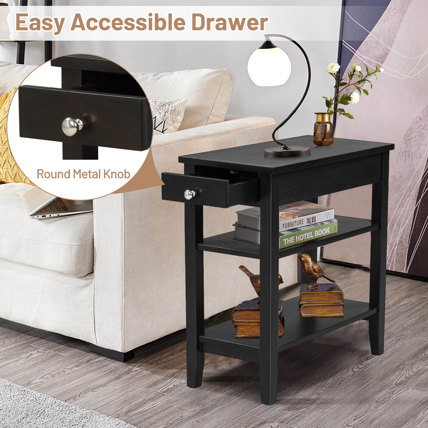 Costway 3-Tier Side End Table with Drawer Double Shelf Narrow Nightstand