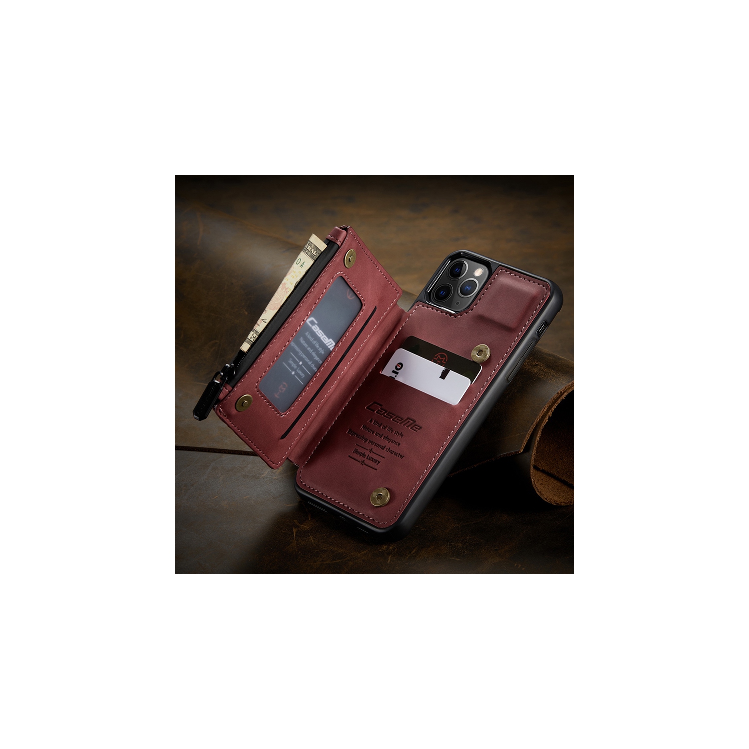 CaseMe Back case Card Slot Retro Matte Synthetic Leather Wallet Zipper Stand Cover for iPhone 13 Pro Max - Free Shipping