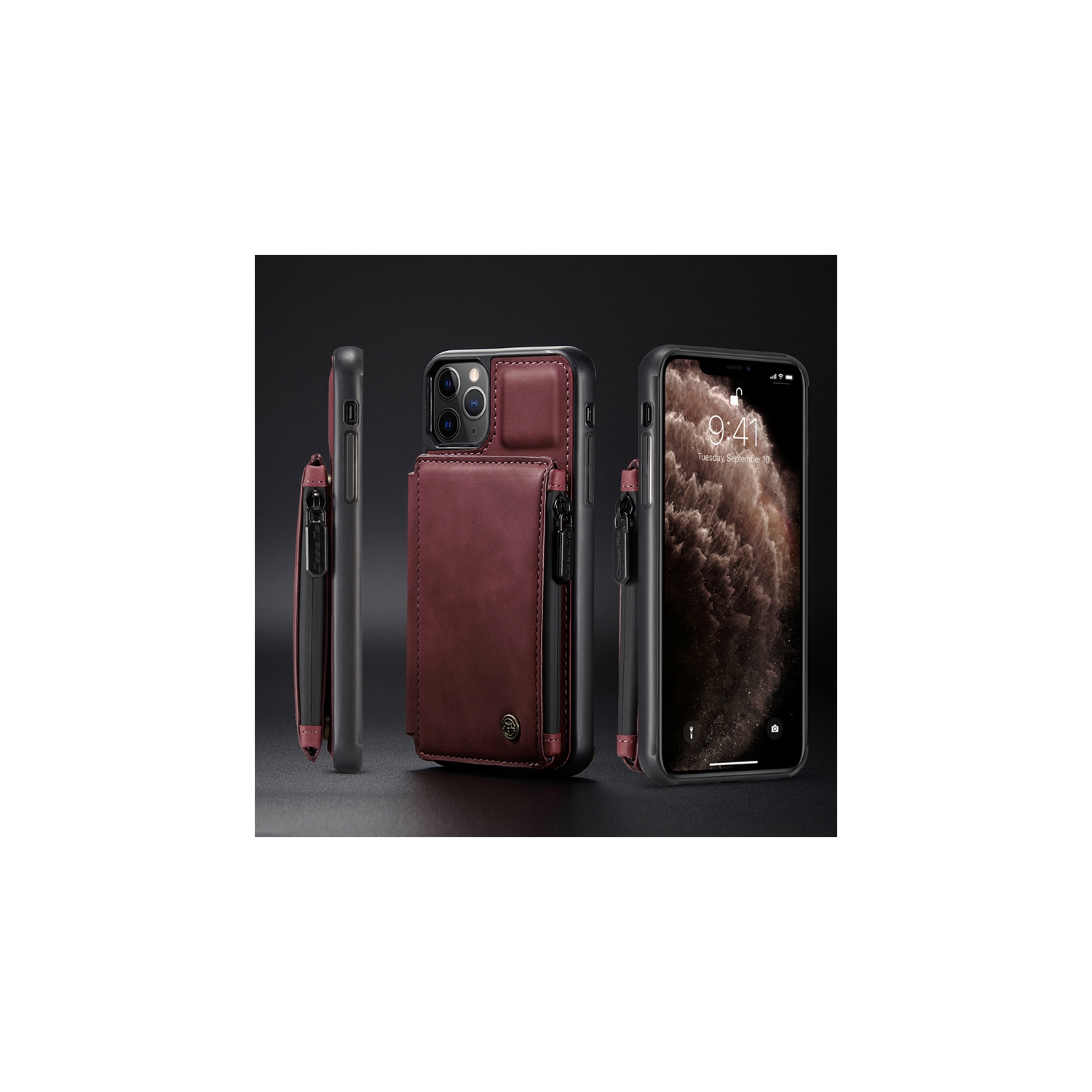 CaseMe Back case Card Slot Retro Matte Synthetic Leather Wallet Zipper Stand Cover for iPhone 13 Pro Max - Free Shipping