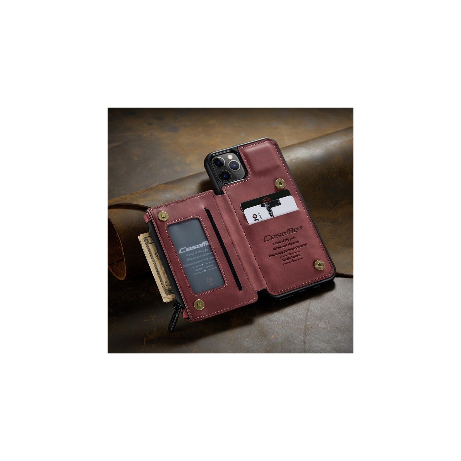 CaseMe Back case Card Slot Retro Matte Synthetic Leather Wallet Zipper Stand Cover for iPhone 13 Pro Max - Free Shipping