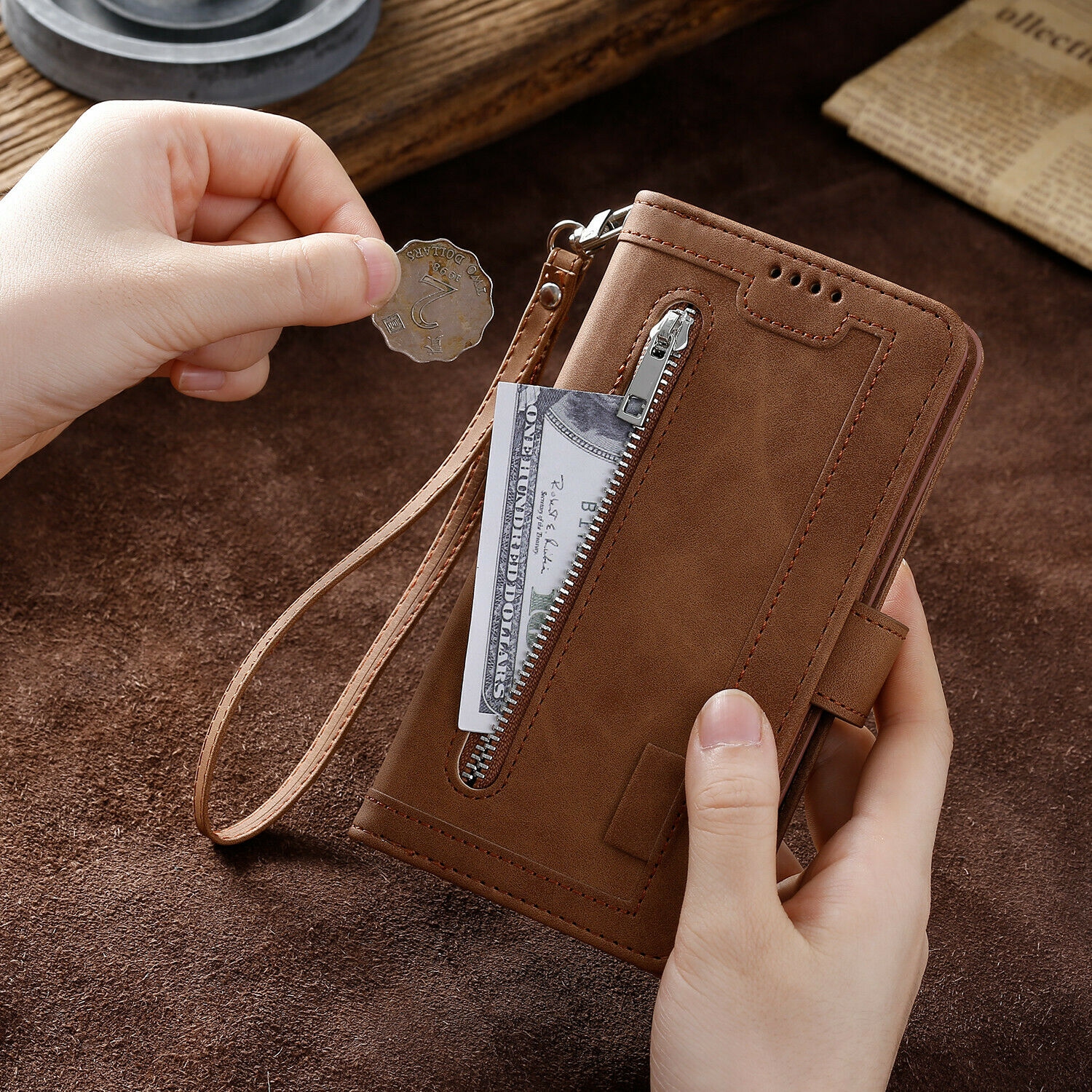 WillCase Wallet Leather Magnetic Case Shockproof Leather Zipper Flip Cover Credit Card Holder for iPhone 13 - Free Shipping