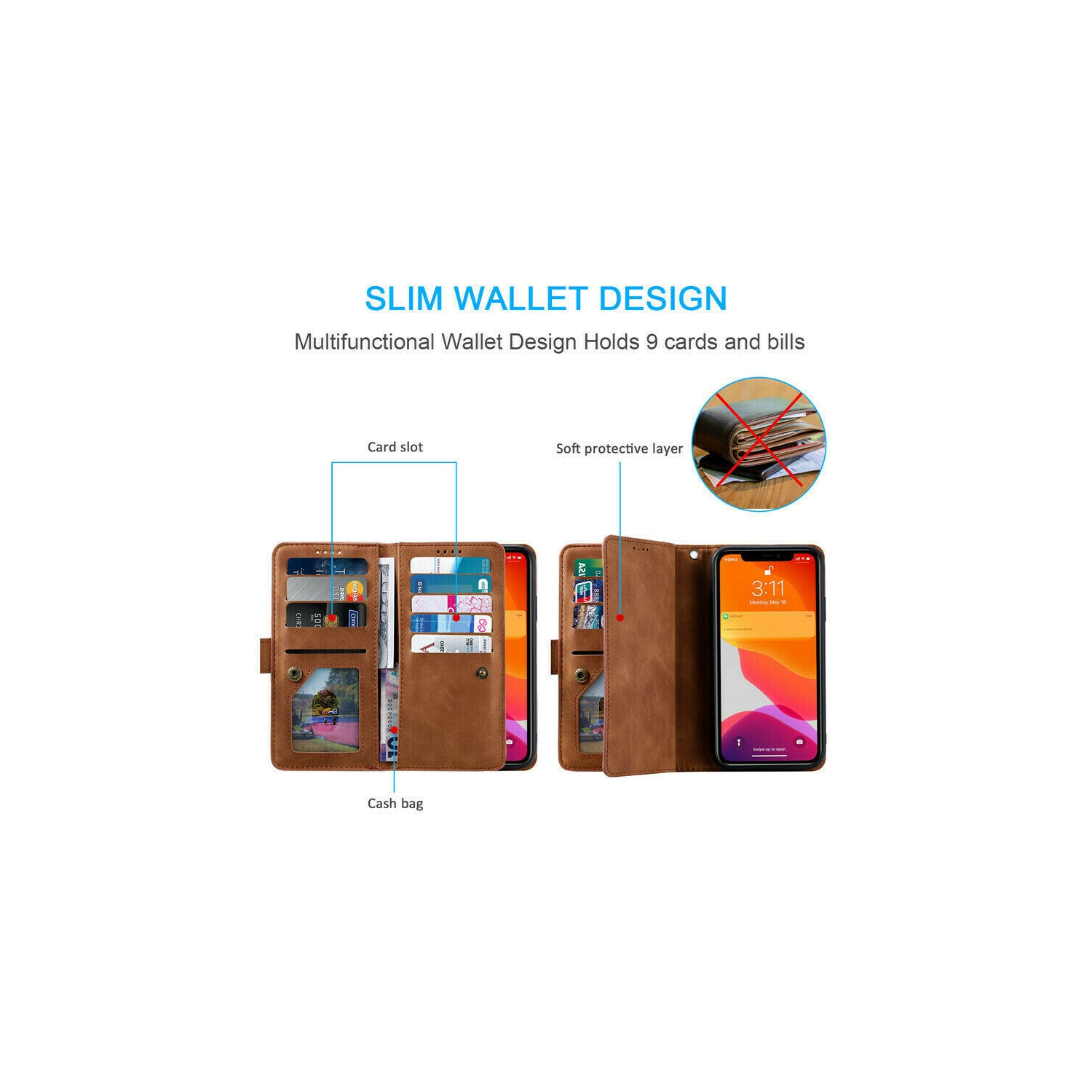 WillCase Wallet Leather Magnetic Case Shockproof Leather Zipper Flip Cover Credit Card Holder for iPhone 13 - Free Shipping