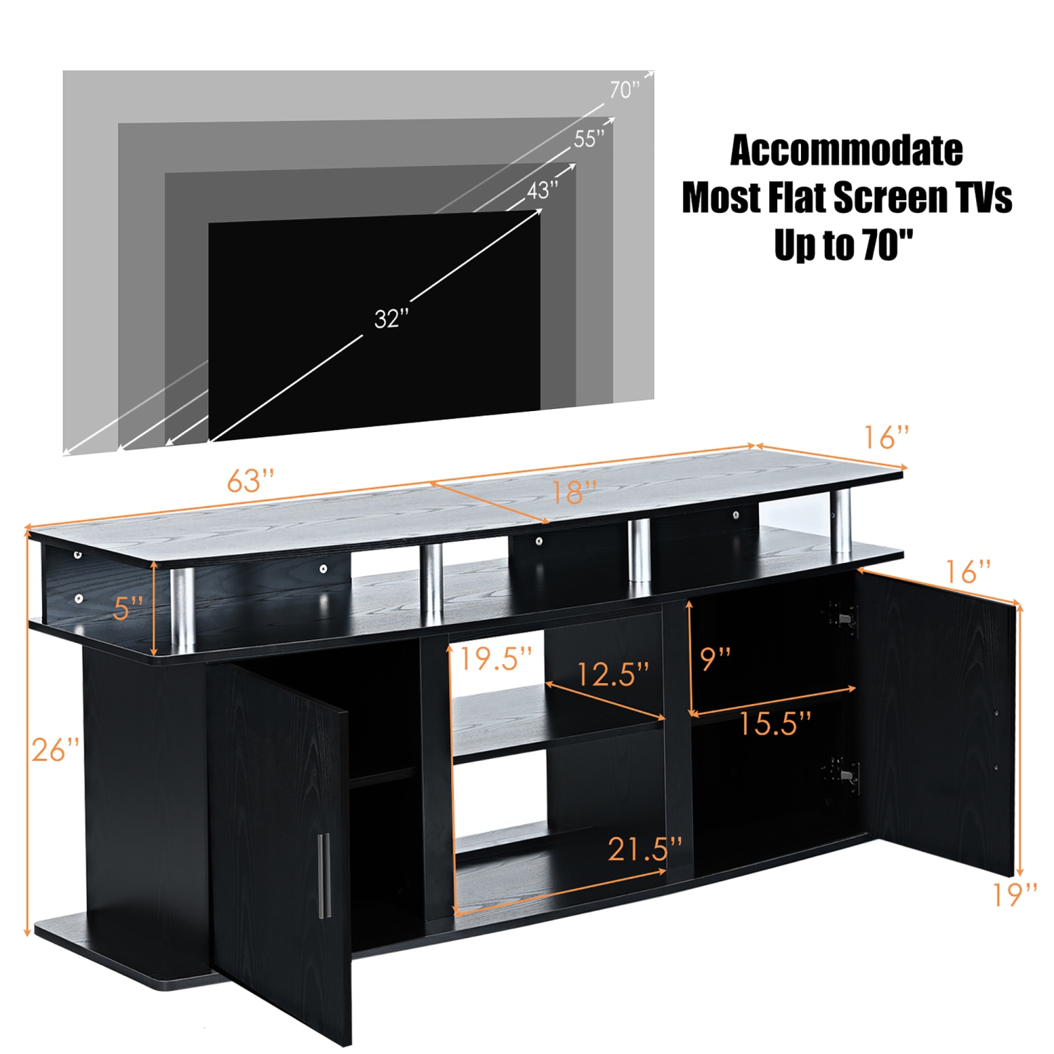 Costway 63'' TV Stand Entertainment Console Center W/ 2 Cabinets Up to 70''