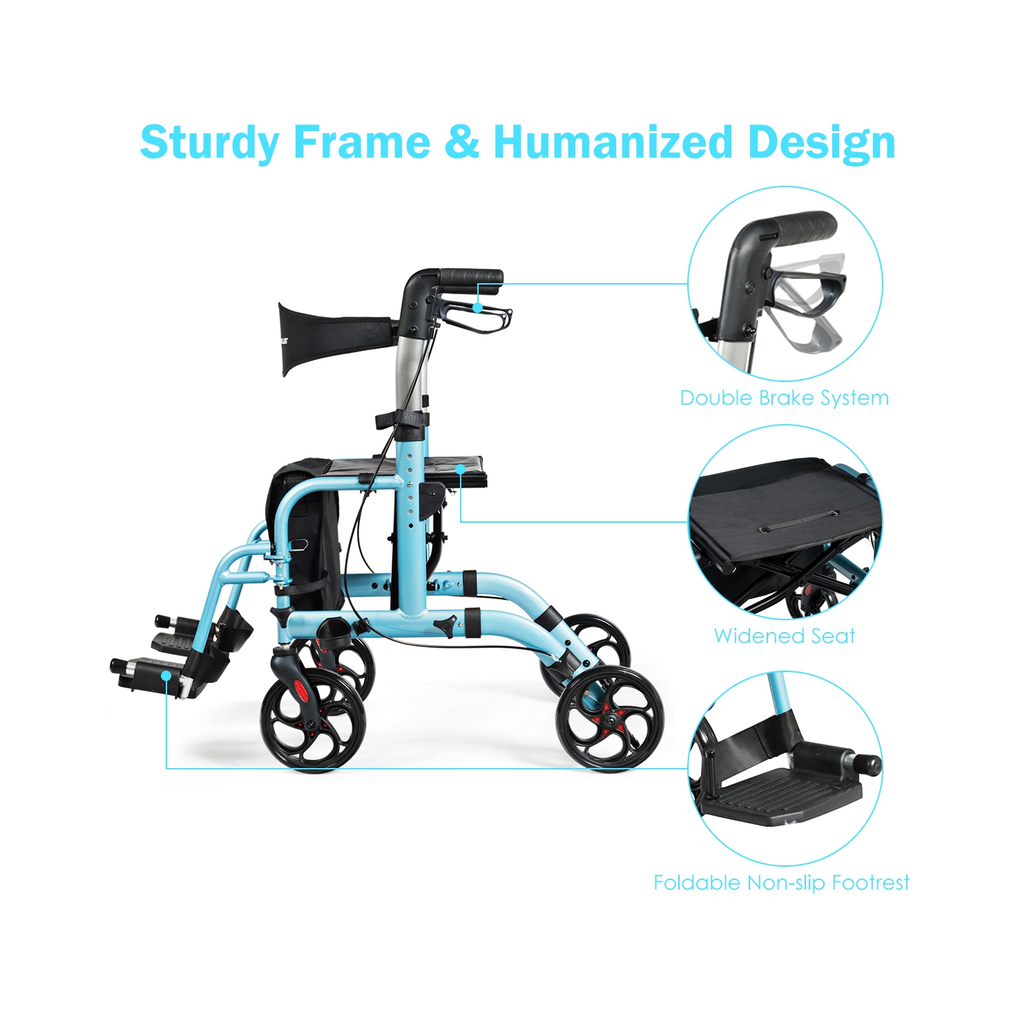 Goplus Folding Medical Rollator Walker Aluminum Transport Chair Adjustable Handle