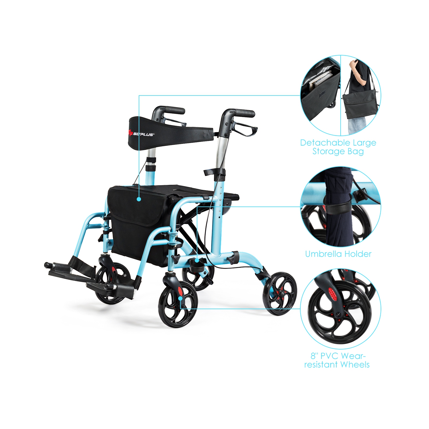 Goplus Folding Medical Rollator Walker Aluminum Transport Chair Adjustable Handle