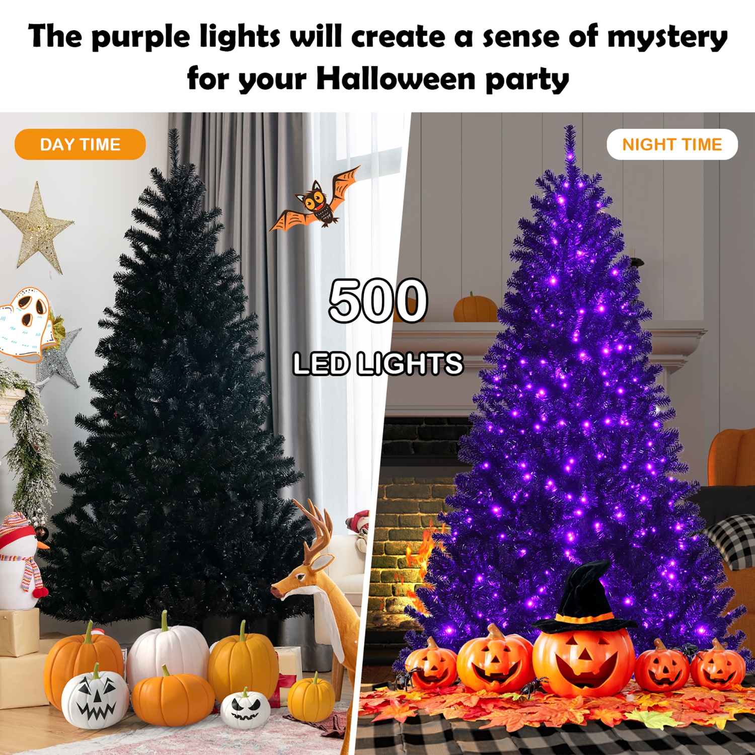 Costway 7ft Pre-lit PVC Christmas Halloween Tree Black w/ 500 Purple LED Lights