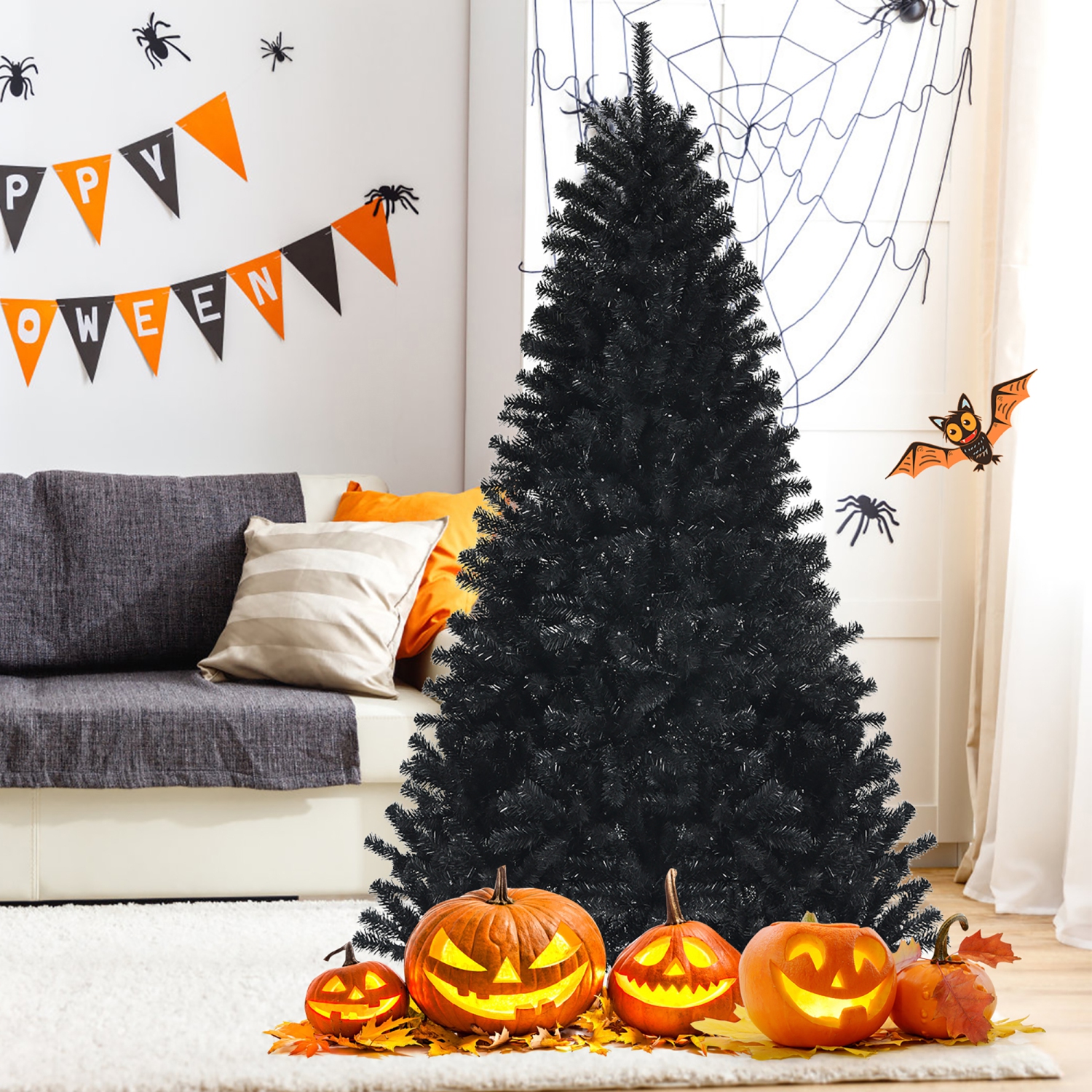 Costway 7ft Pre-lit PVC Christmas Halloween Tree Black w/ 500 Purple LED Lights