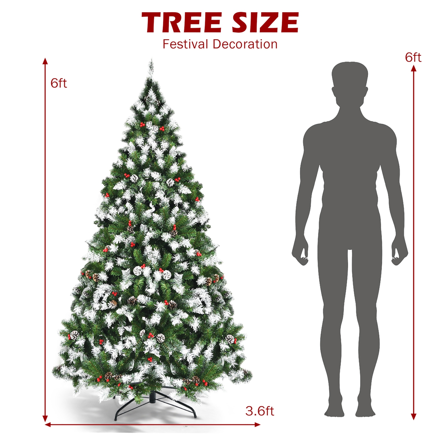 Arbre de Noël enneigé illuminé 6&nbsp;pi de Costway avec 818 pointes, cônes de pin et baies rouges avec 8 modes d'éclairage