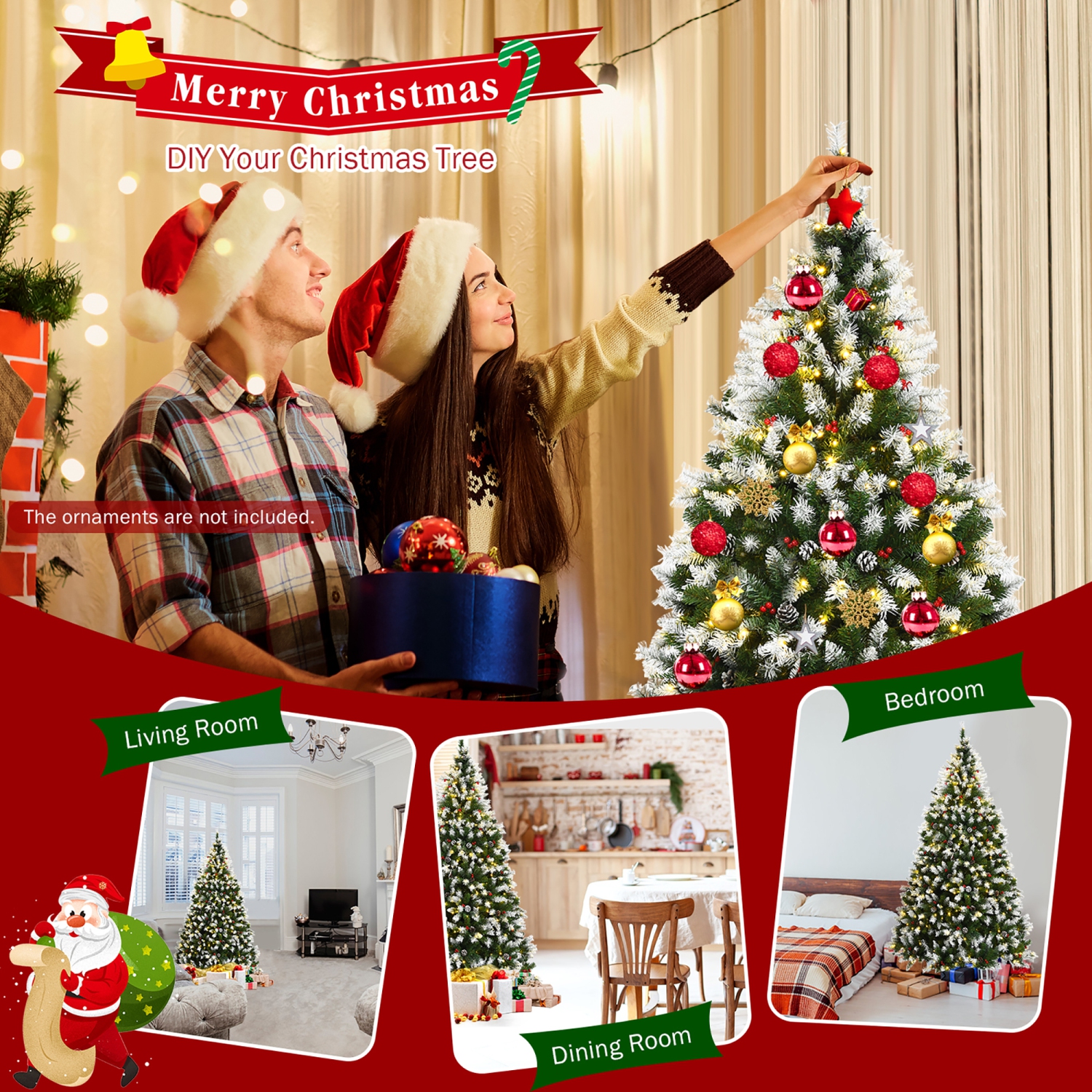 Arbre de Noël enneigé illuminé 6&nbsp;pi de Costway avec 818 pointes, cônes de pin et baies rouges avec 8 modes d'éclairage