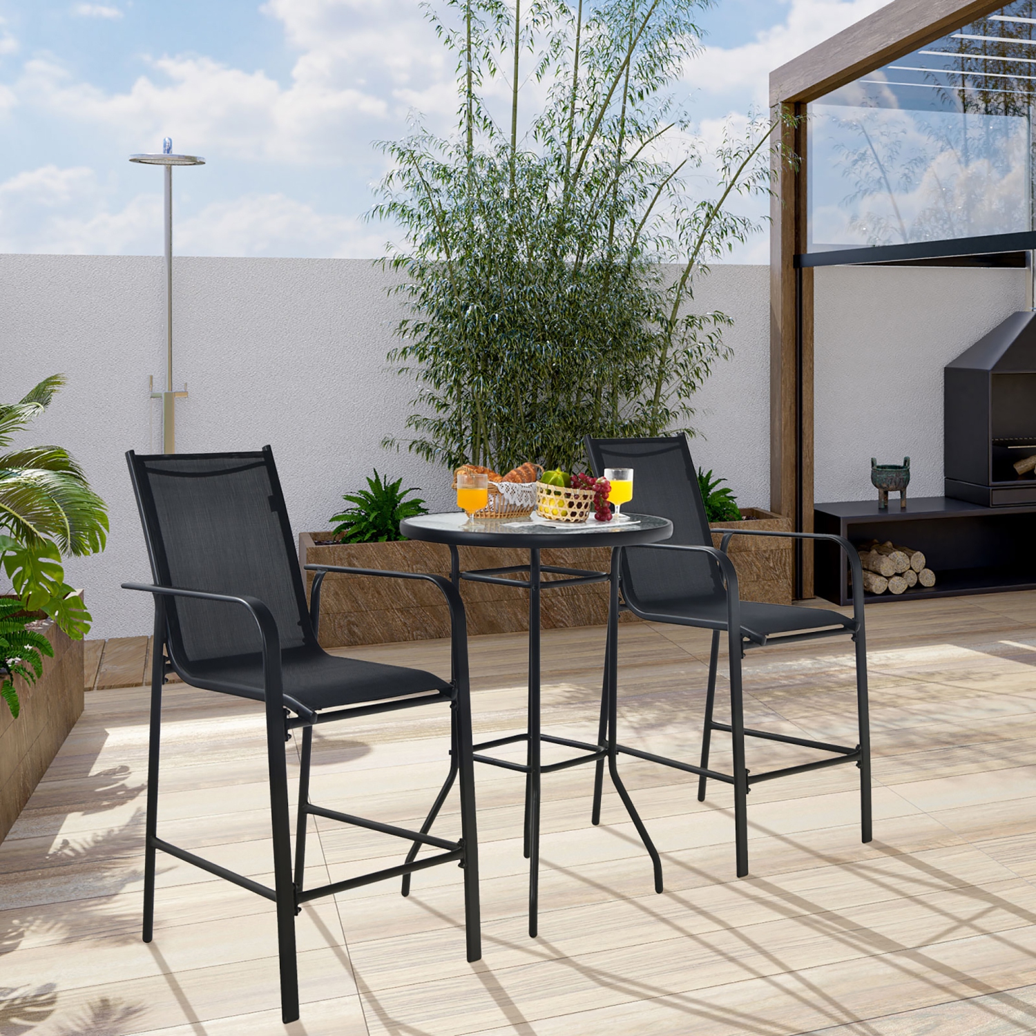 Costway 3 PCS Outdoor Patio Bar Table Stool Set Height Tempered Glass Top