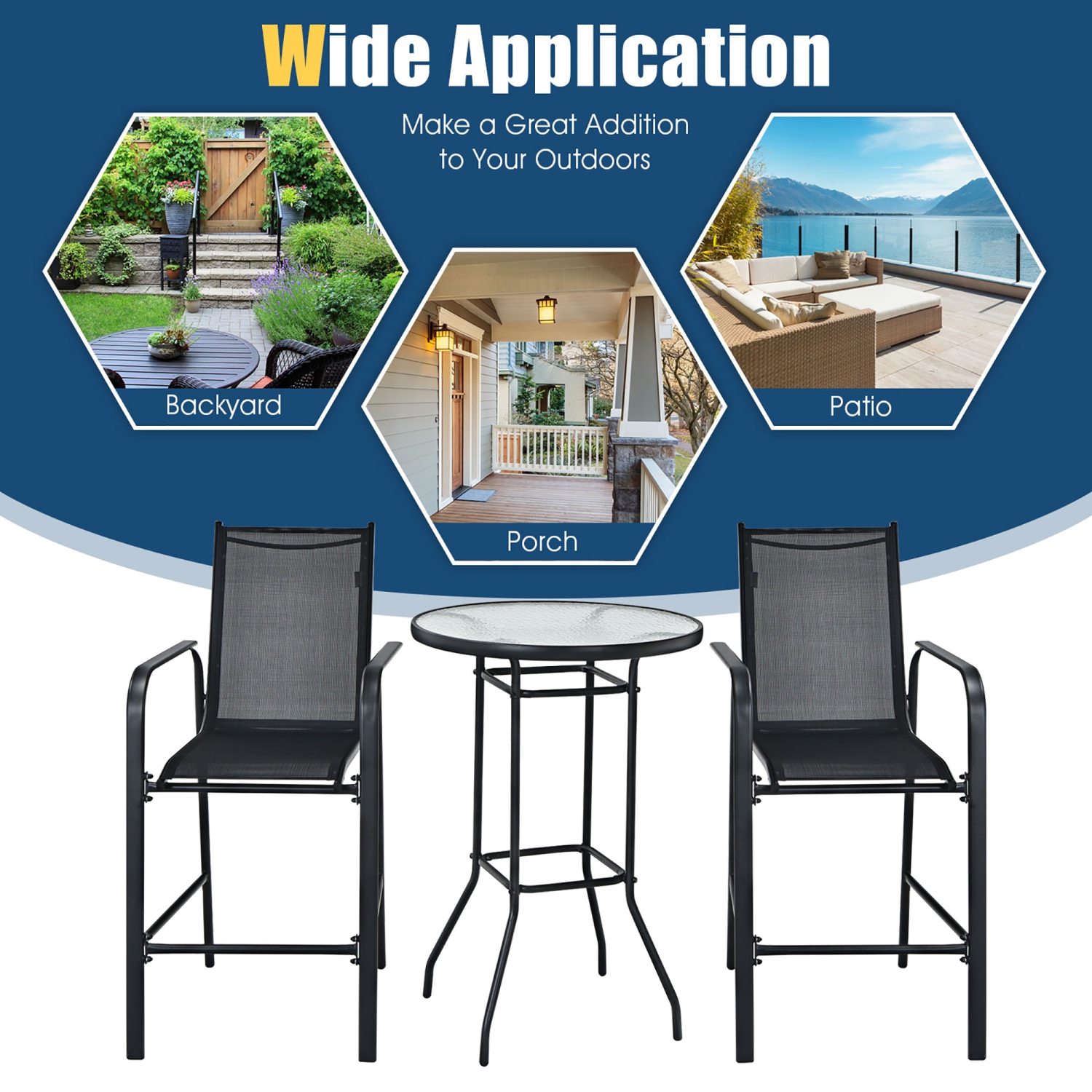 Costway 3 PCS Outdoor Patio Bar Table Stool Set Height Tempered Glass Top