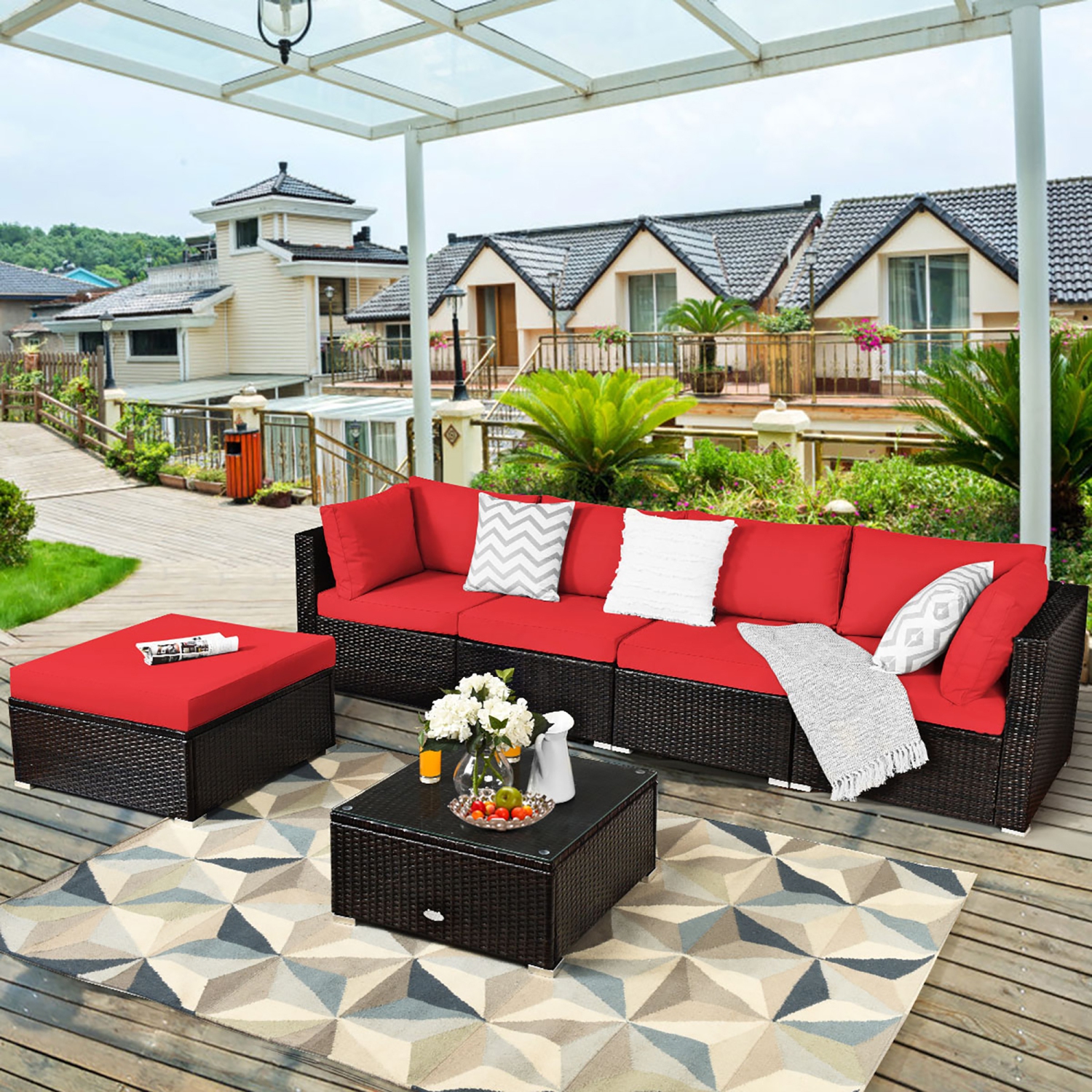 Costway 6PCS Outdoor Patio Rattan Furniture Set Cushioned Sectional Sofa