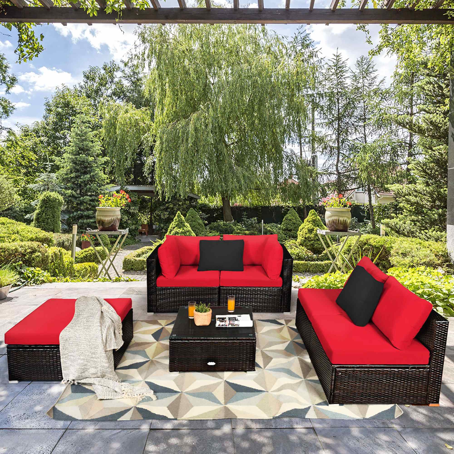 Costway 6PCS Outdoor Patio Rattan Furniture Set Cushioned Sectional Sofa