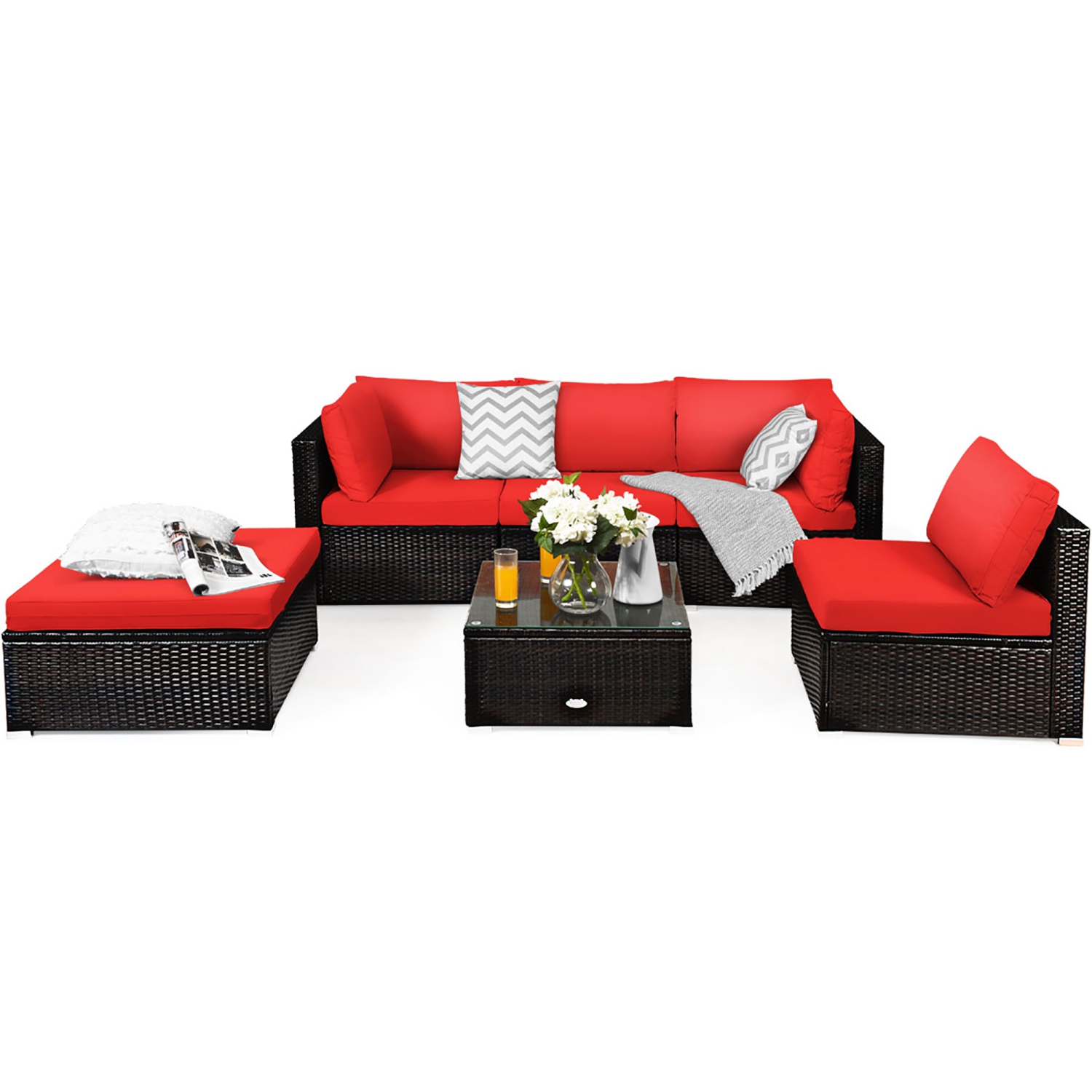 Costway 6PCS Outdoor Patio Rattan Furniture Set Cushioned Sectional Sofa