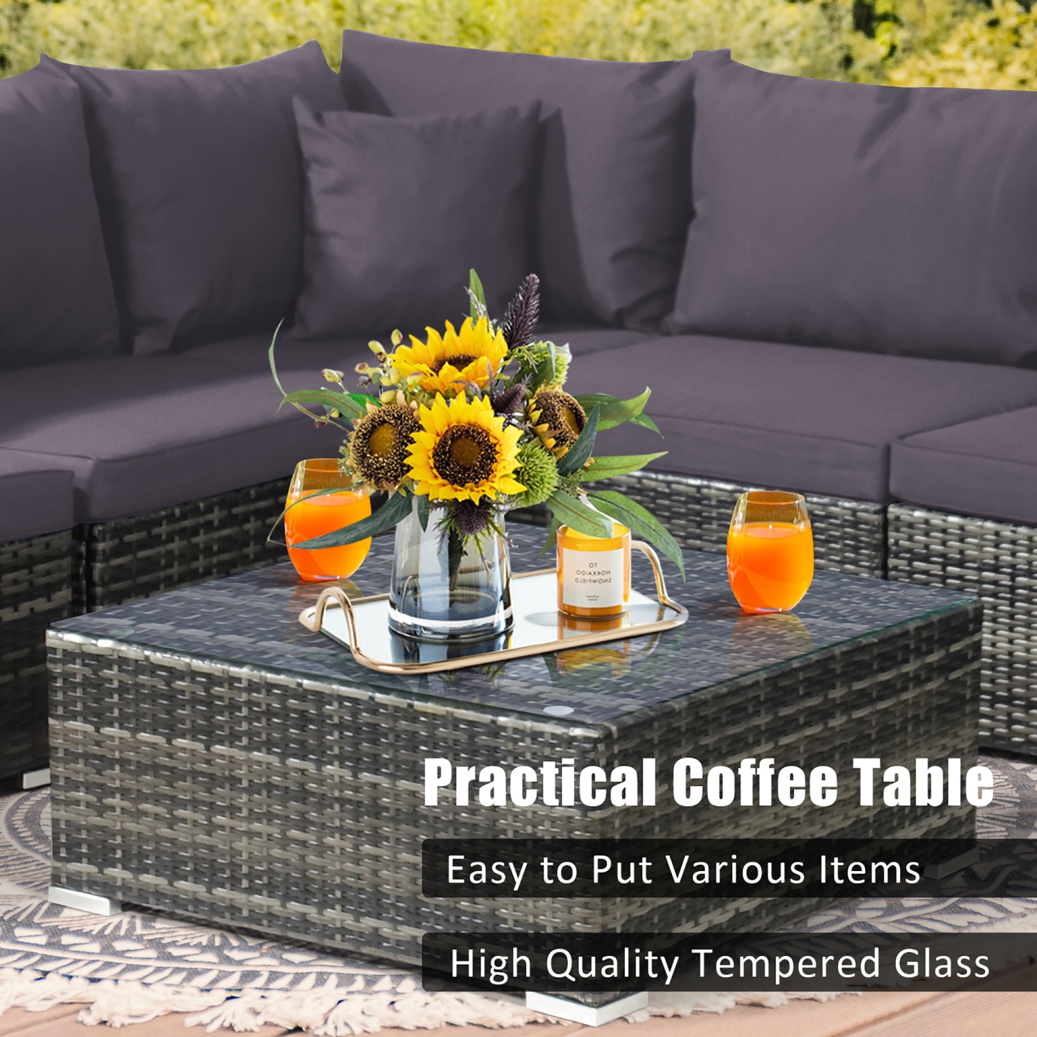 7PCS Patio Rattan Furniture Set Sectional Sofa Garden Cushion