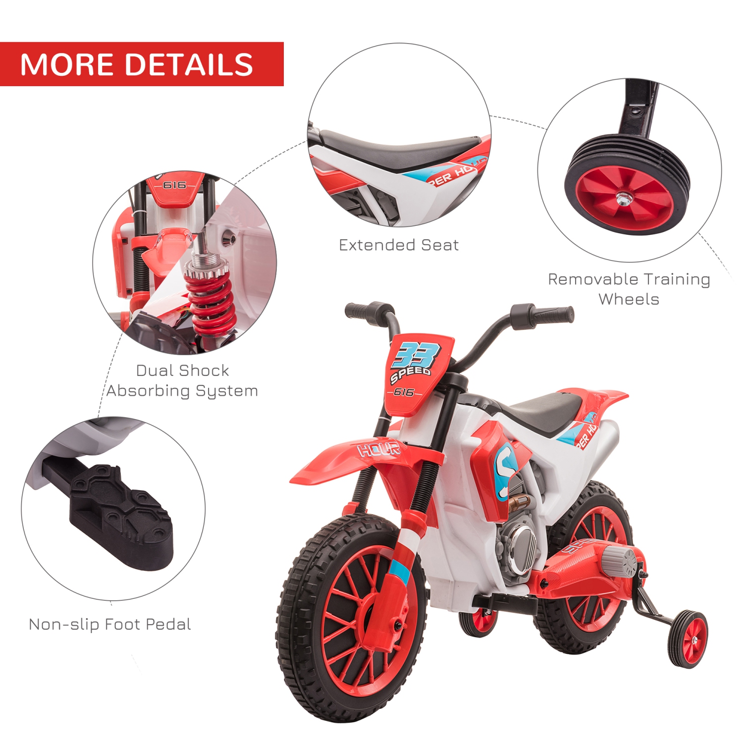 Aosom Kids Dirt Bike Battery-Powered Ride-On Electric Motorcycle with Charging 12V Battery, Training Wheels Red